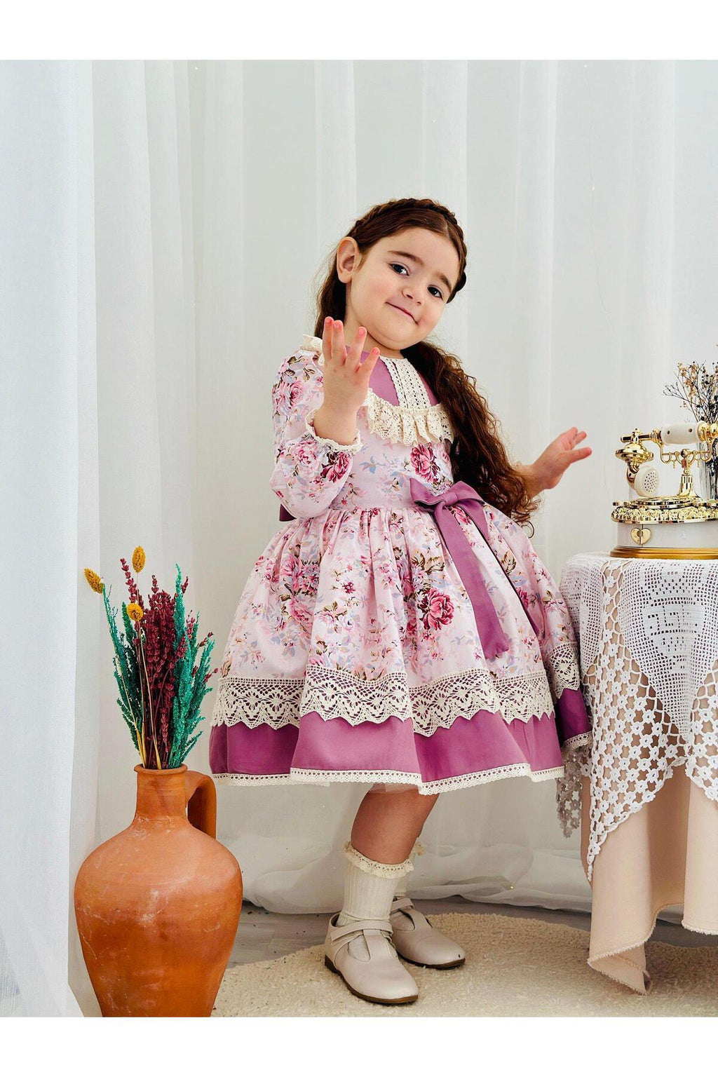 Pembe Royal Vintage Kız Bebek Elbise 5