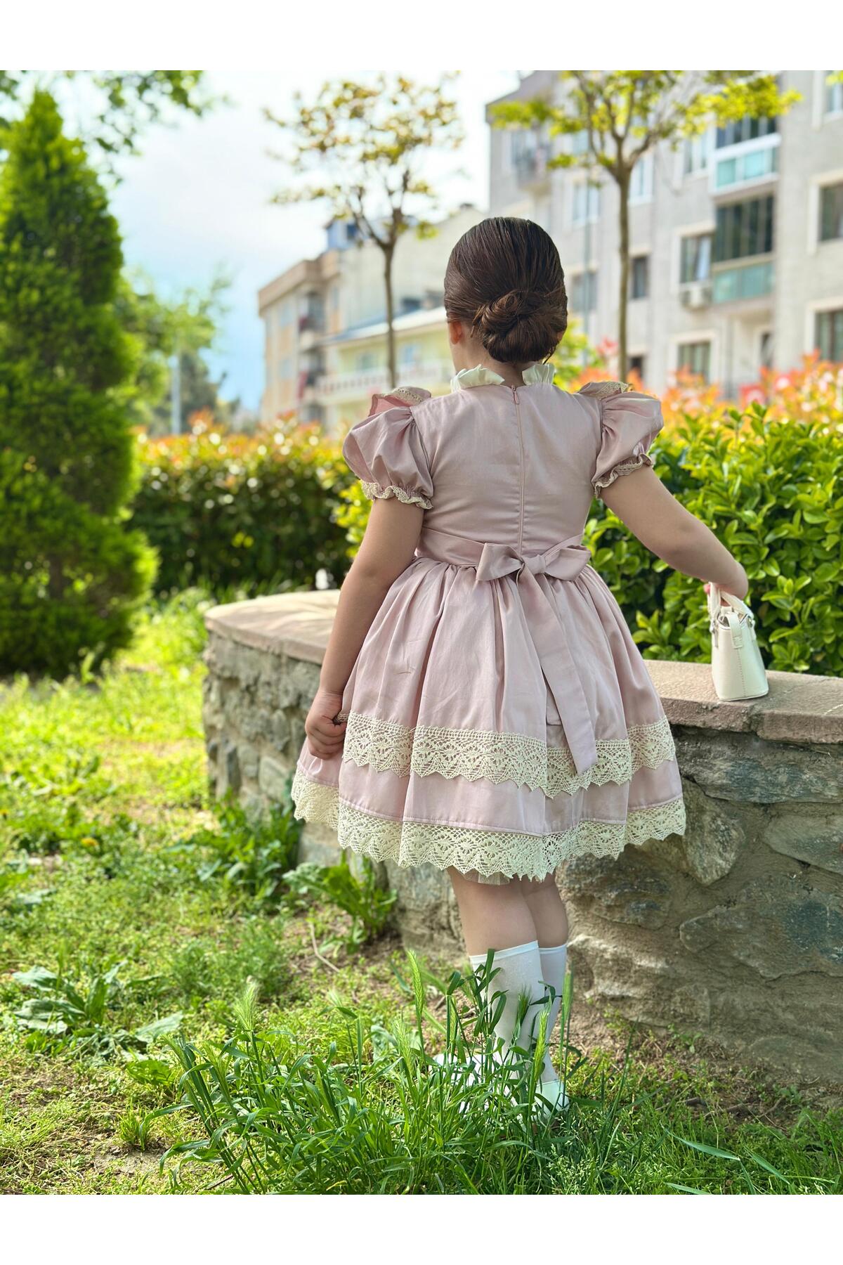 Masal Pudra Pembe Vintage Kız Bebek Elbise 3