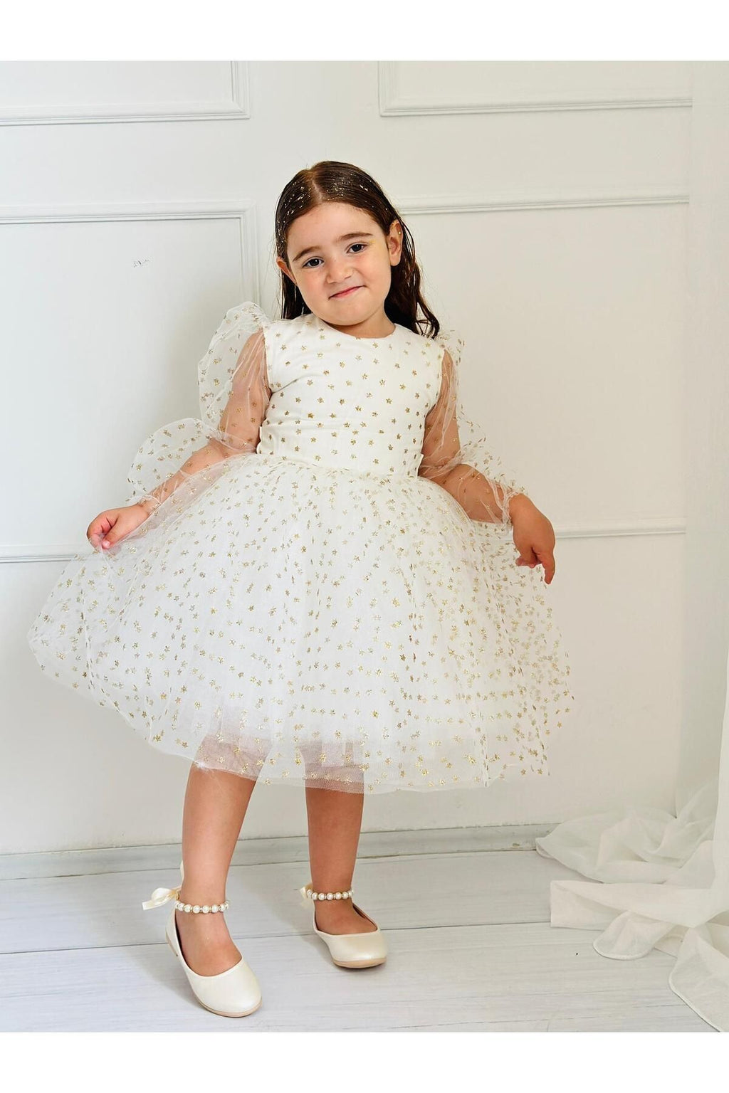 Yıldız Simli Krem Yılbaşı Kız Bebek Elbisesi