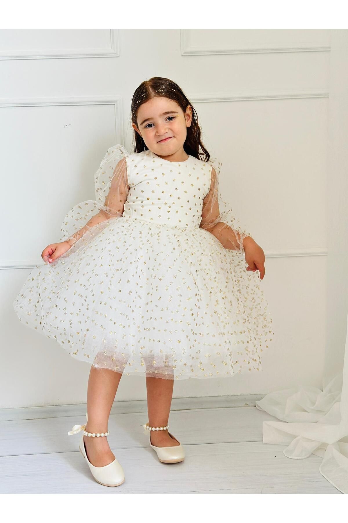 Yıldız Simli Krem Yılbaşı Kız Bebek Elbisesi