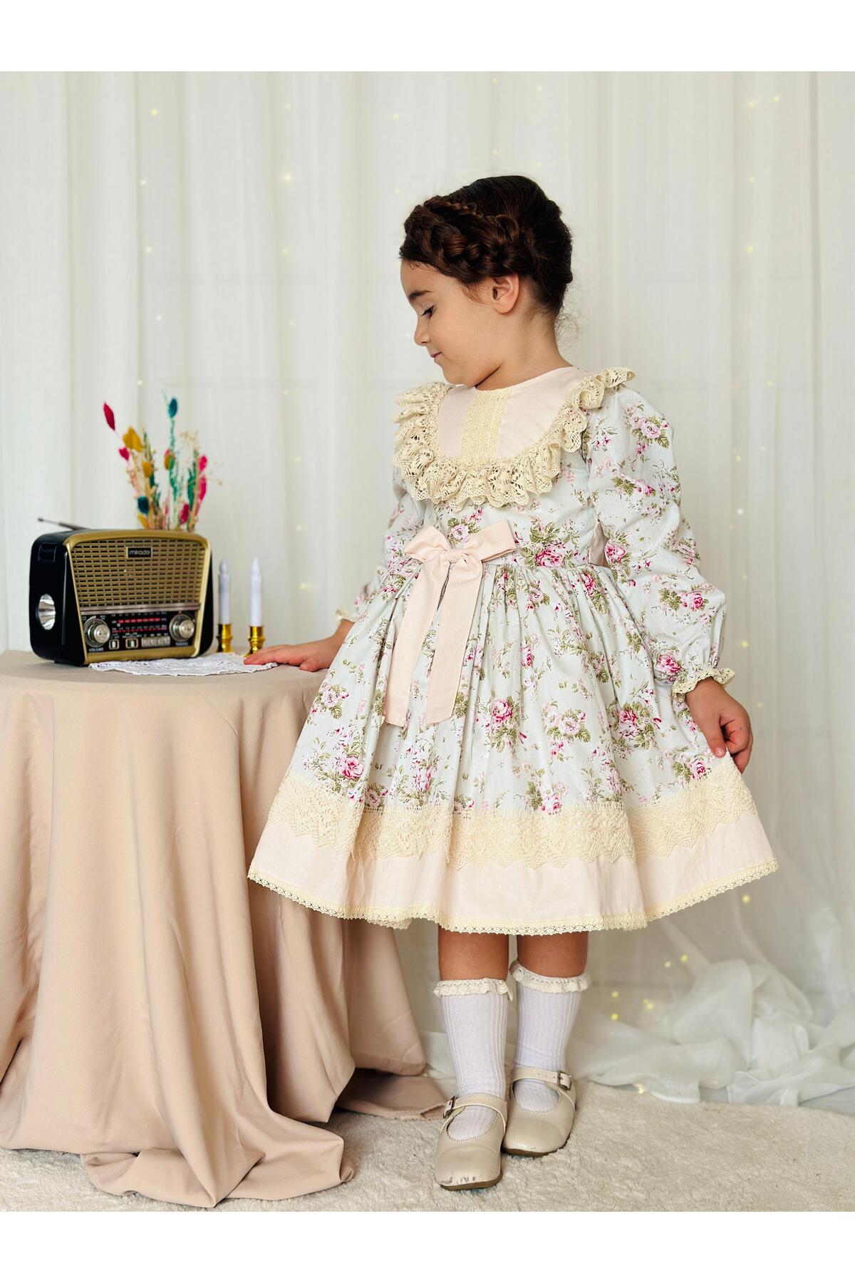 Mint Yeşili Uzun Kollu Vintage Bebek Elbise 3