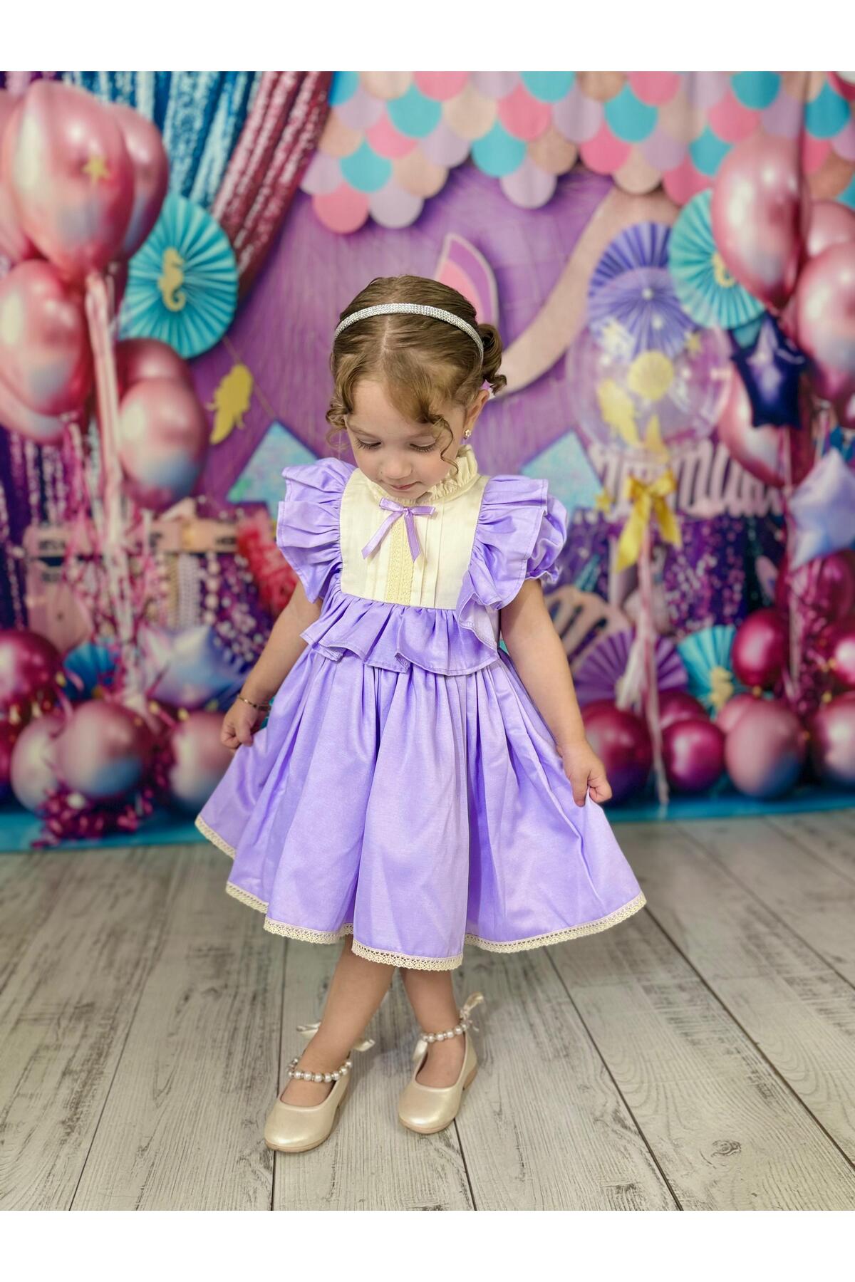 Defne Lila Fiyonklu Vintage Kız Bebek Elbise 4