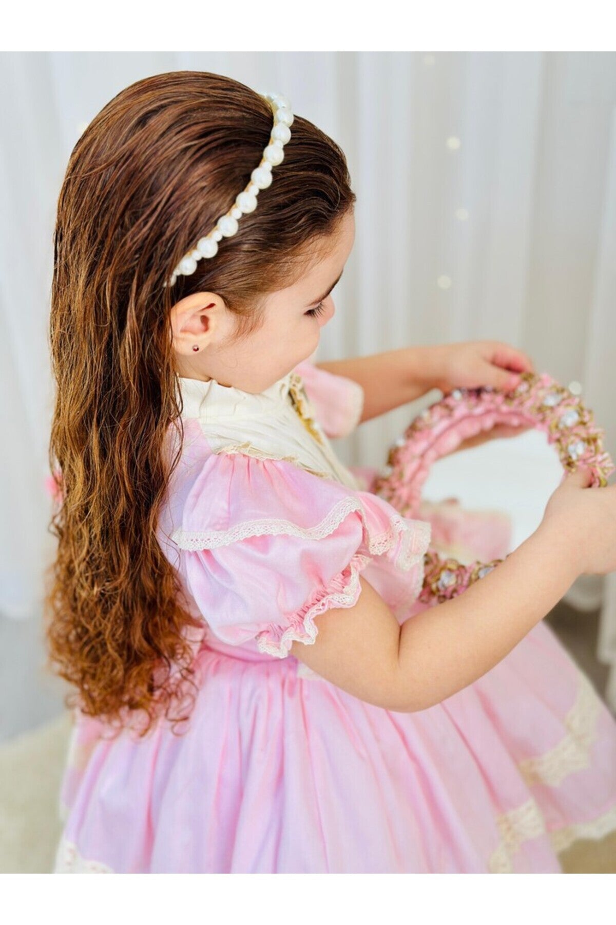 Pembe Krem Vintage Kız Bebek Elbisesi 4