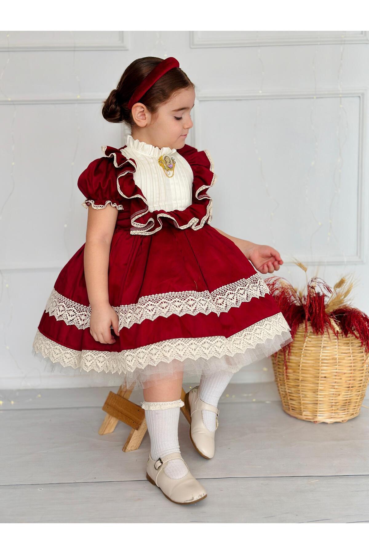 Bordo Broşlu Vintage Kız Bebek Elbisesi 6