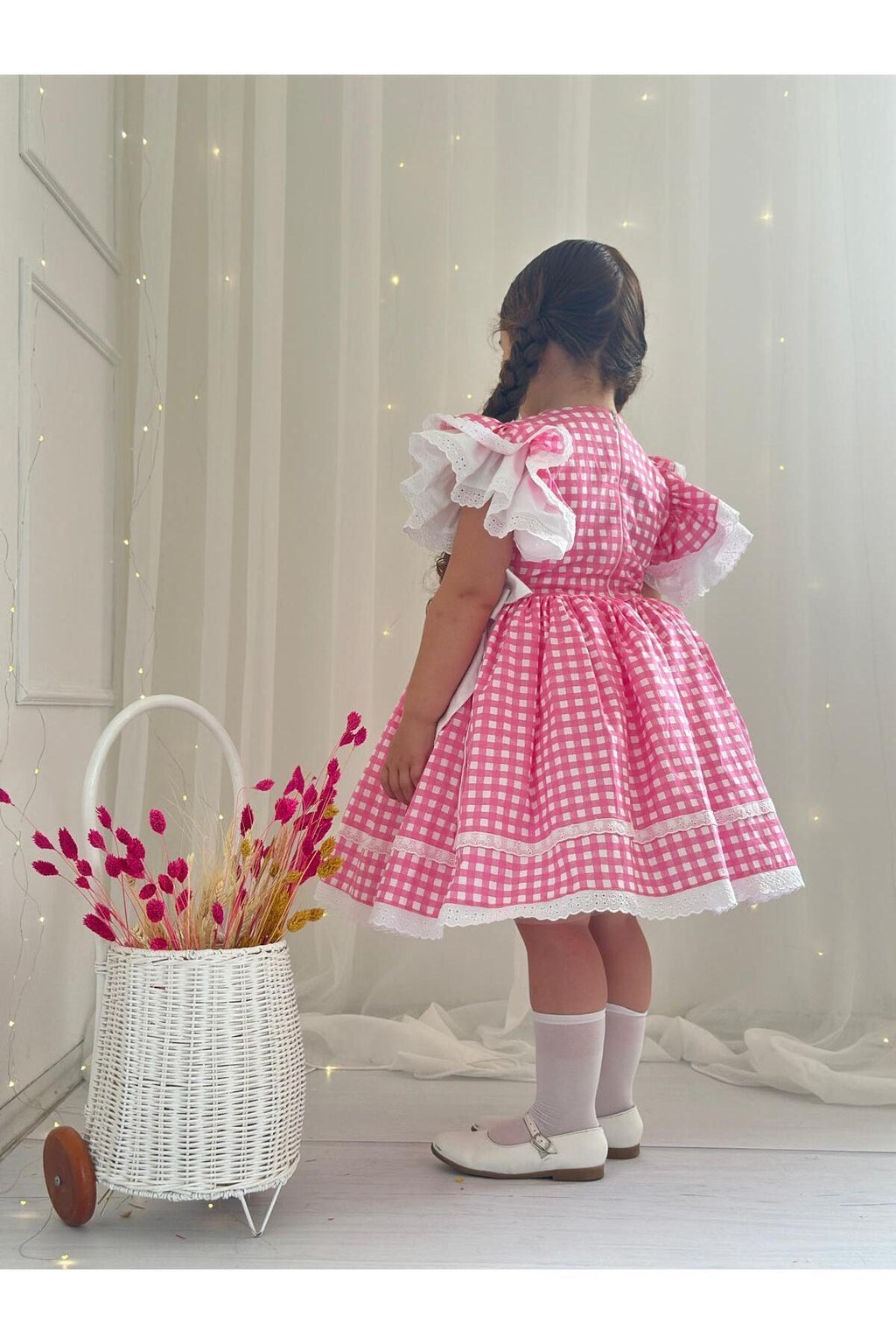 Pembe Kareli Vintage Kız Bebek Elbisesi 5
