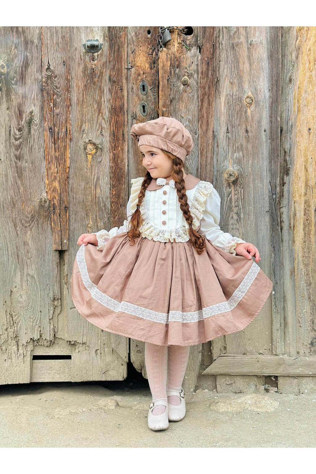 Şapkalı Retro Krem Vintage Kız Bebek Elbise