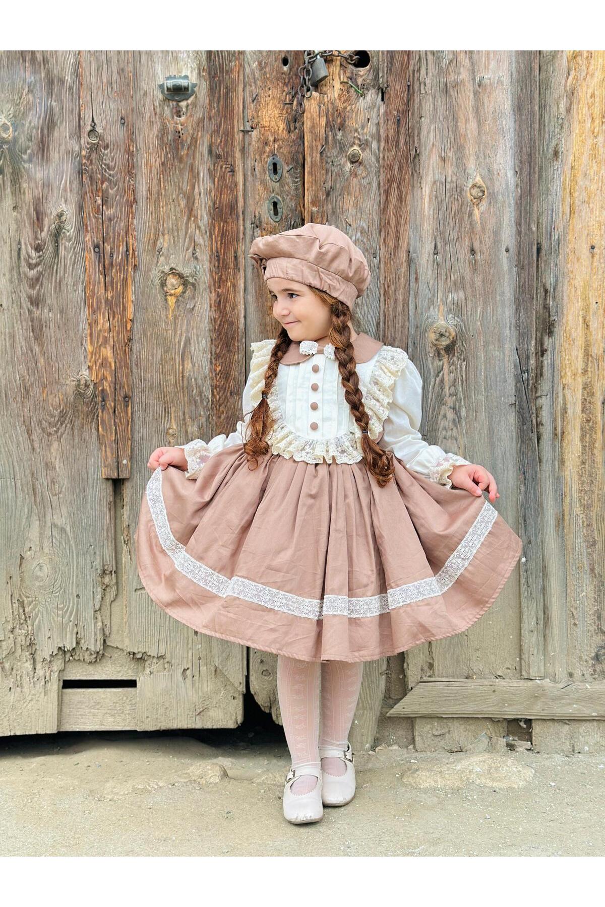 Şapkalı Retro Krem Vintage Kız Bebek Elbise