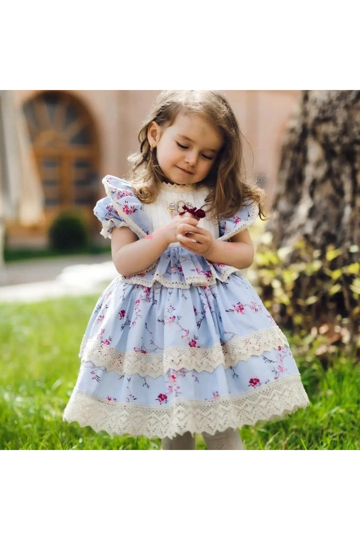 Mavi Dantelli Vintage Kız Bebek Elbisesi 2