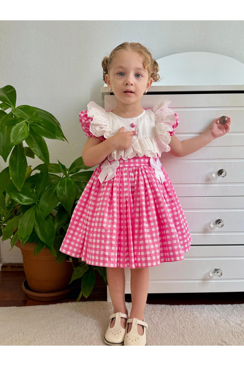 Defne Pembe Kareli Vintage Kız Bebek Elbise 3