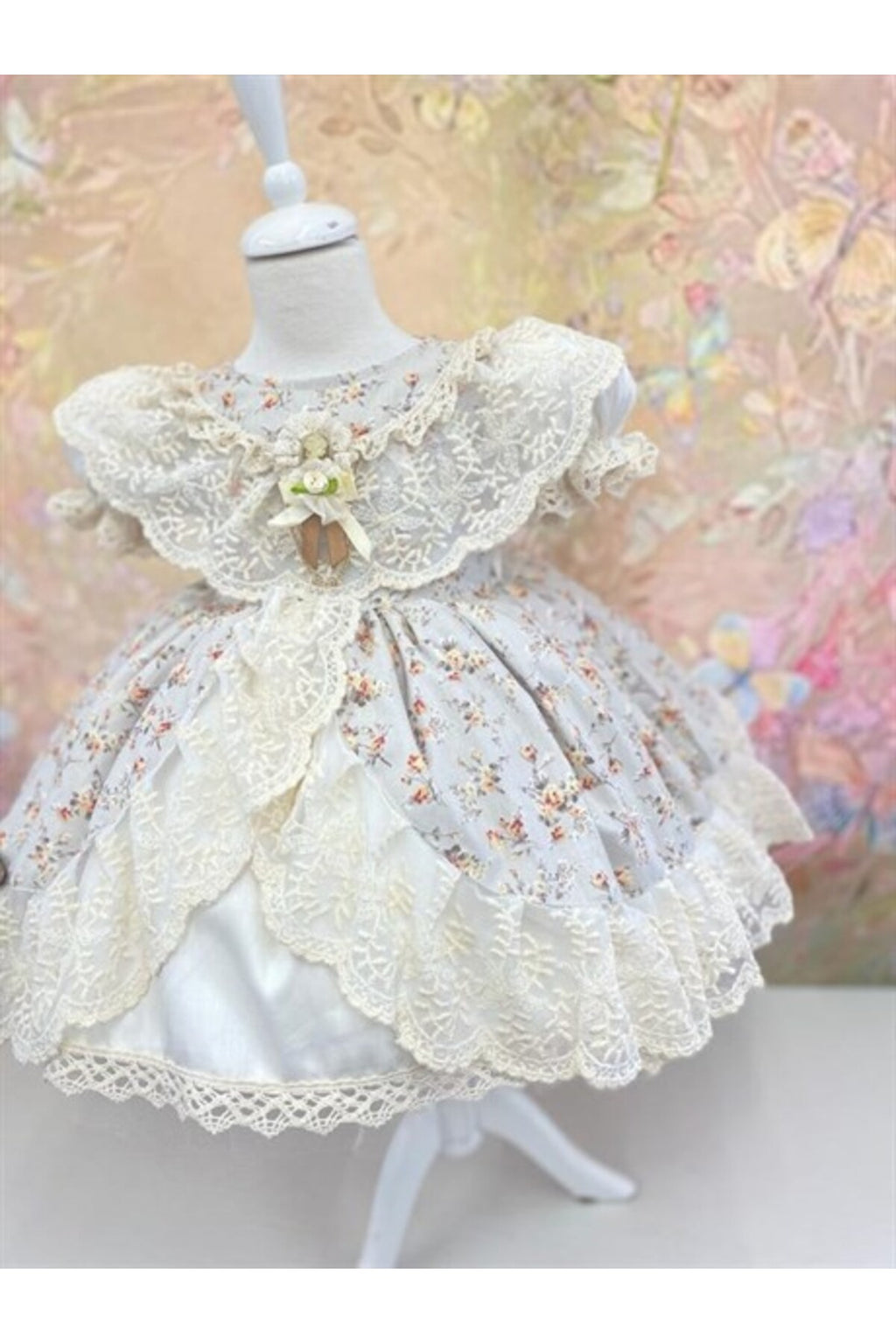 Krem Çiçekli Vintage Kız Bebek Elbisesi 2