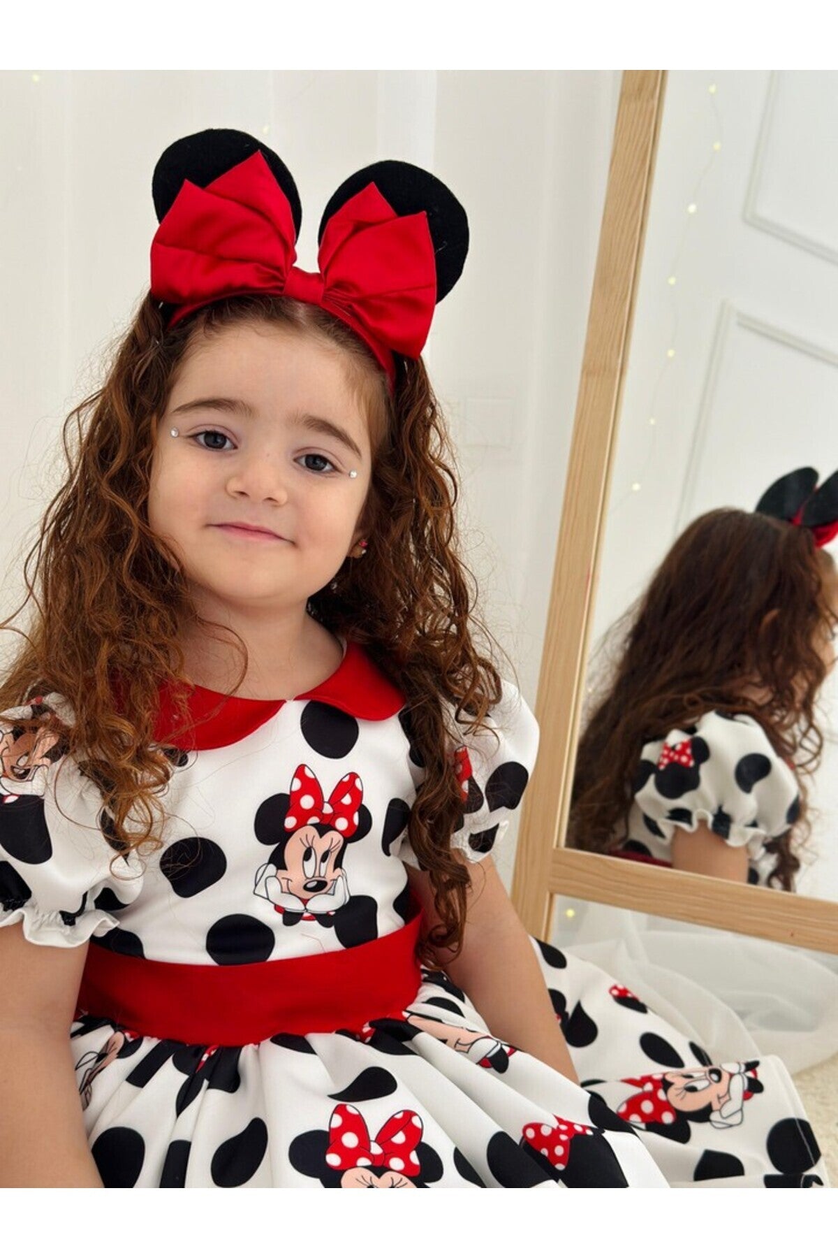 Beyaz Mickey Mouse Vintage Kız Bebek Elbisesi 5