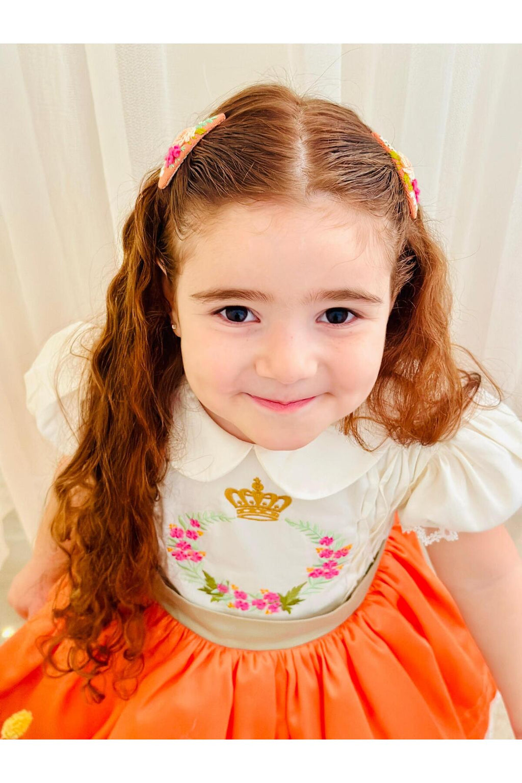 Turuncu Nakışlı Vintage Kız Bebek Elbisesi 8
