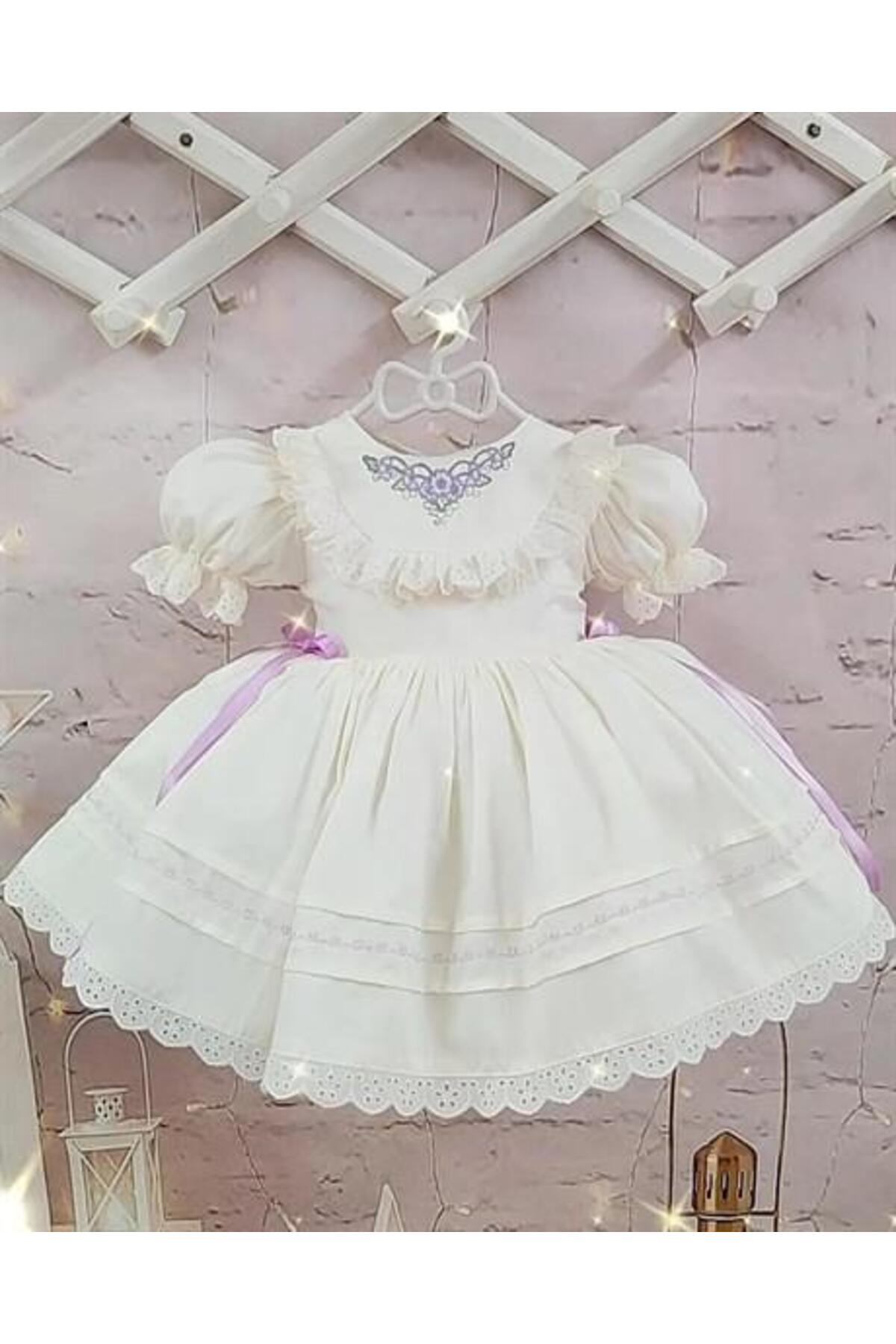 Krem Lila Kurdaleli Vintage Kız Bebek Doğum günü elbisesi