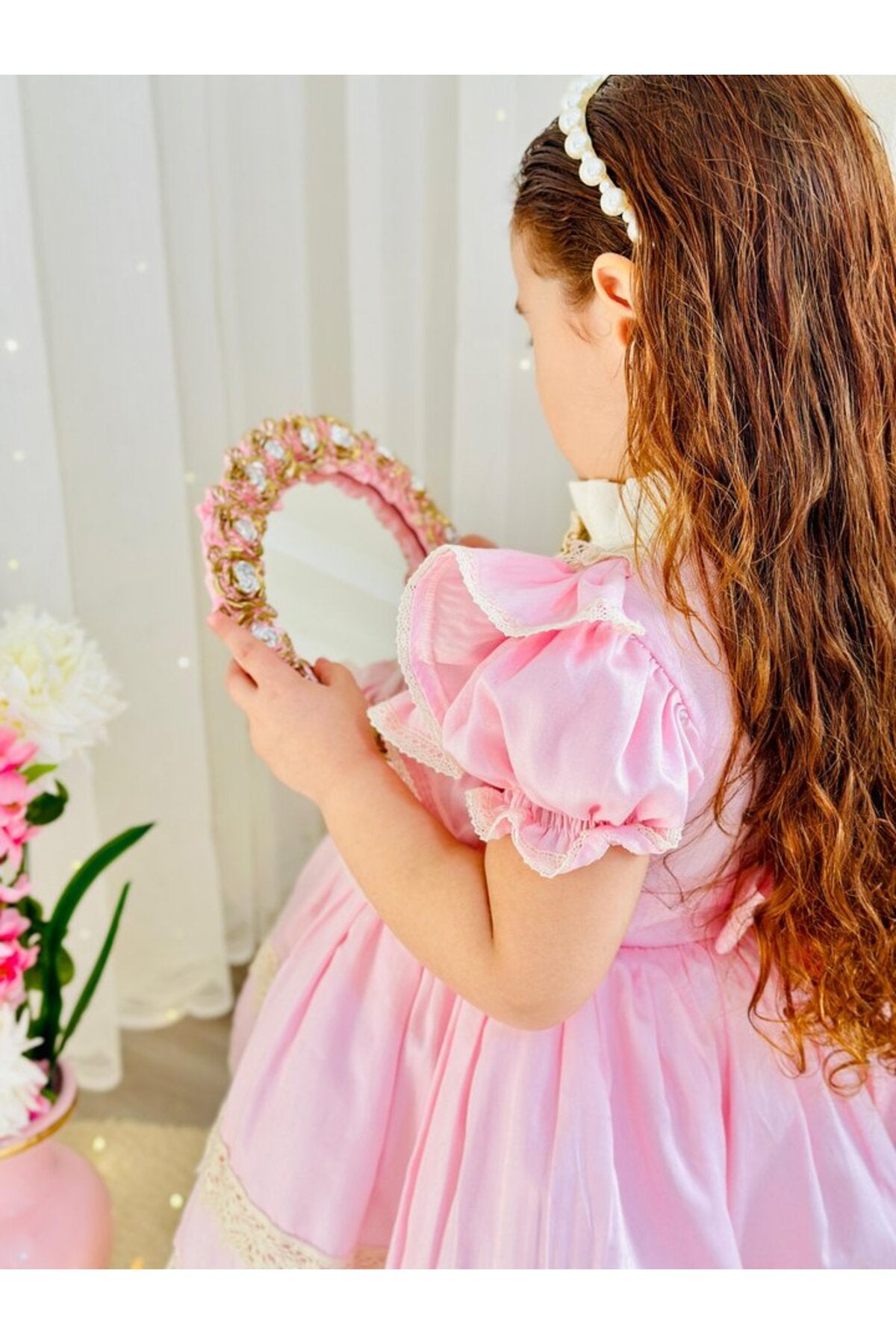Pembe Krem Vintage Kız Bebek Elbisesi 5