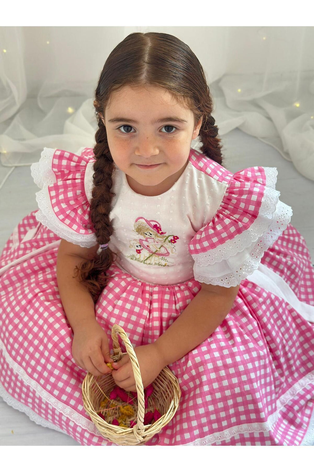 Pembe Kareli Vintage Kız Bebek Elbisesi 4