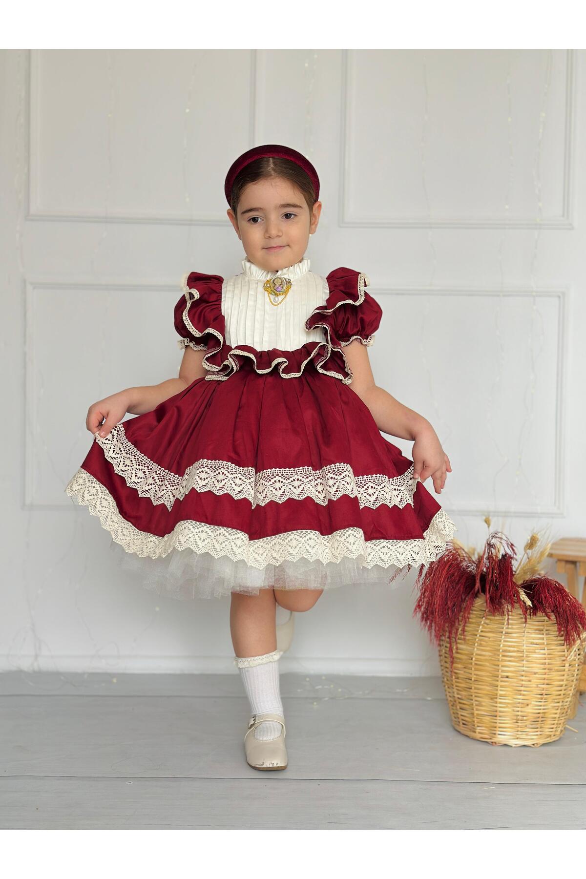 Bordo Broşlu Vintage Kız Bebek Elbisesi 3