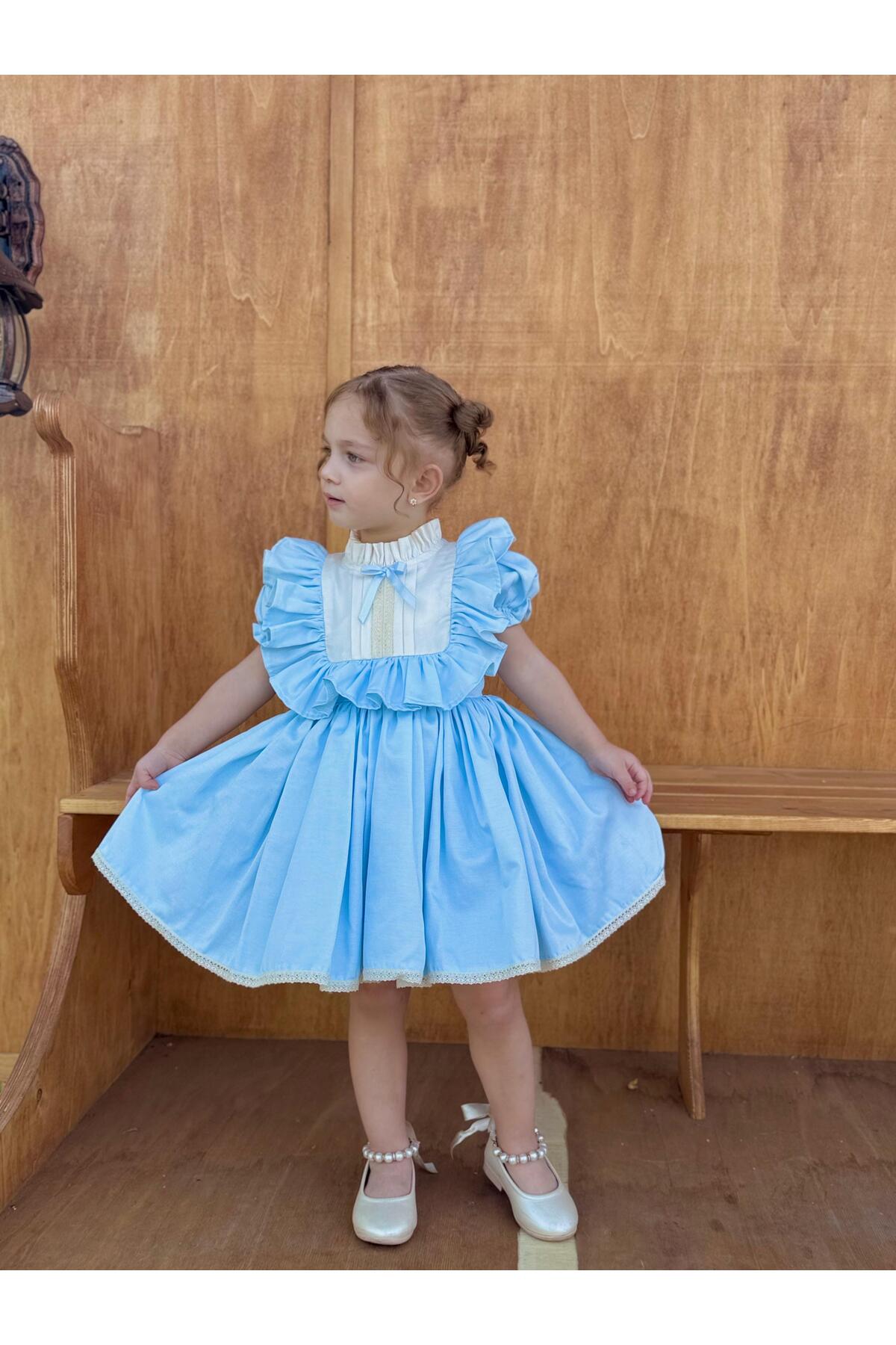 Defne Mavi Fiyonklu Vintage Kız Bebek Elbise 4