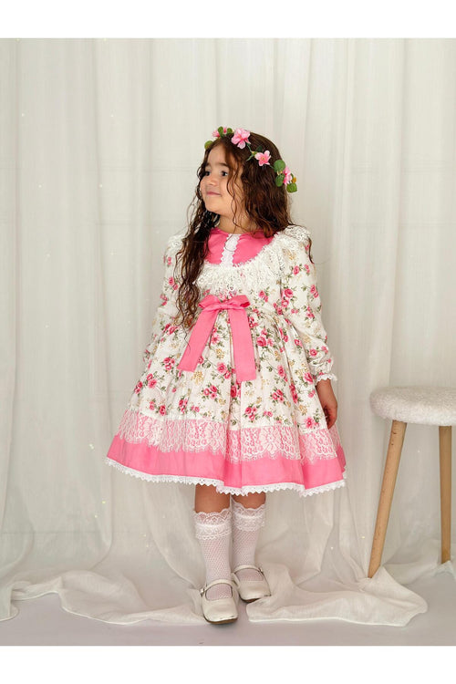 Beyaz Çiçekli Vintage Kız Bebek Elbisesi