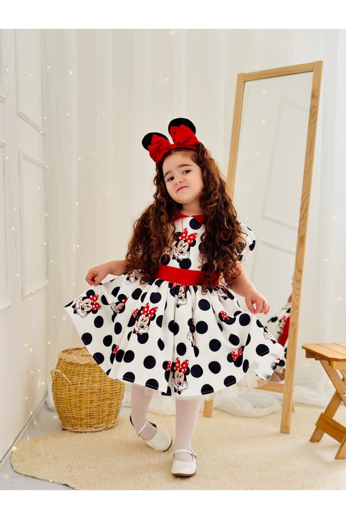 Beyaz Mickey Mouse Vintage Kız Bebek Elbisesi