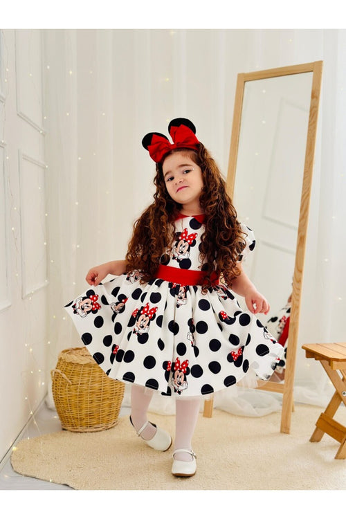 Beyaz Mickey Mouse Vintage Kız Bebek Elbisesi