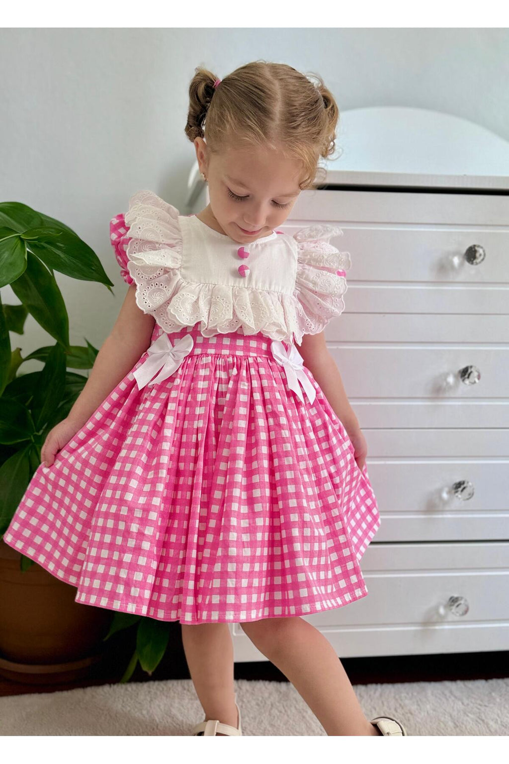 Defne Pembe Kareli Vintage Kız Bebek Elbise 7