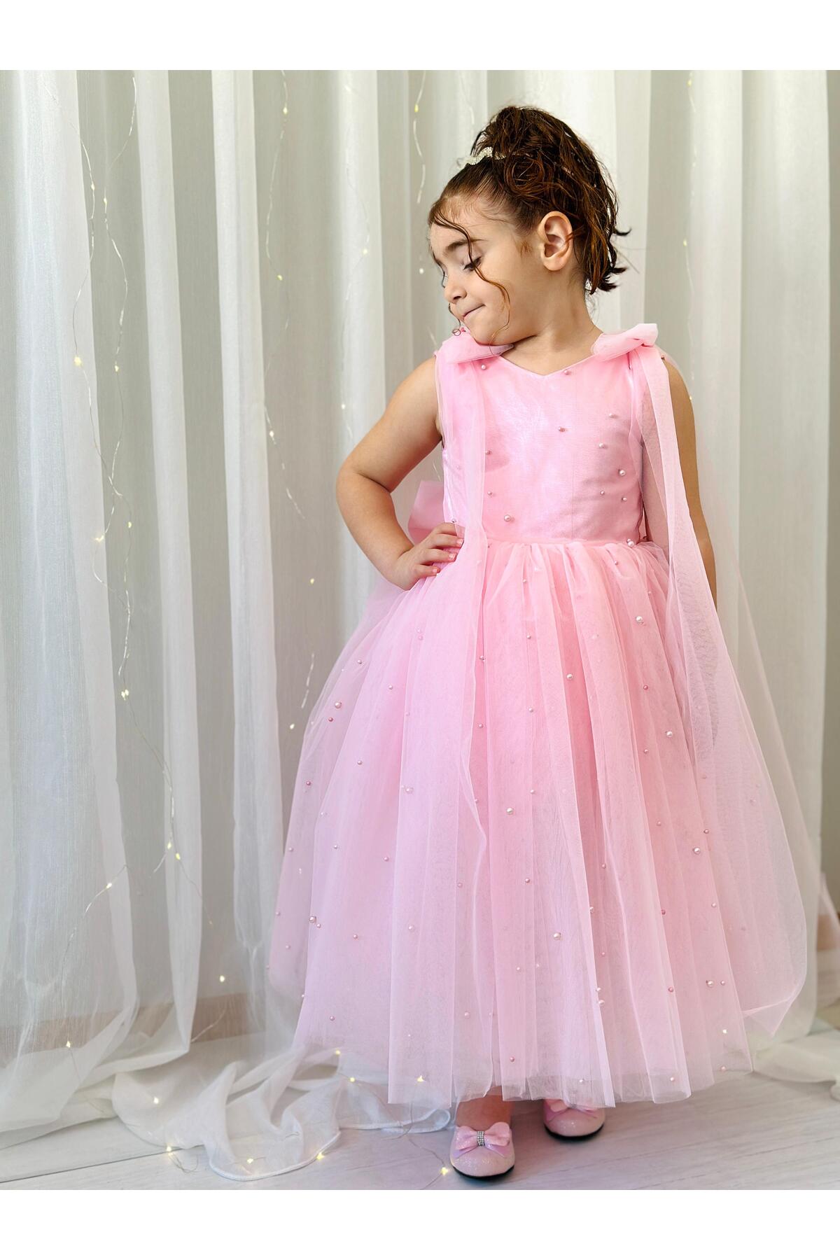 Pembe İncili Uzun Elbise Vintage Kız Bebek Elbise 2