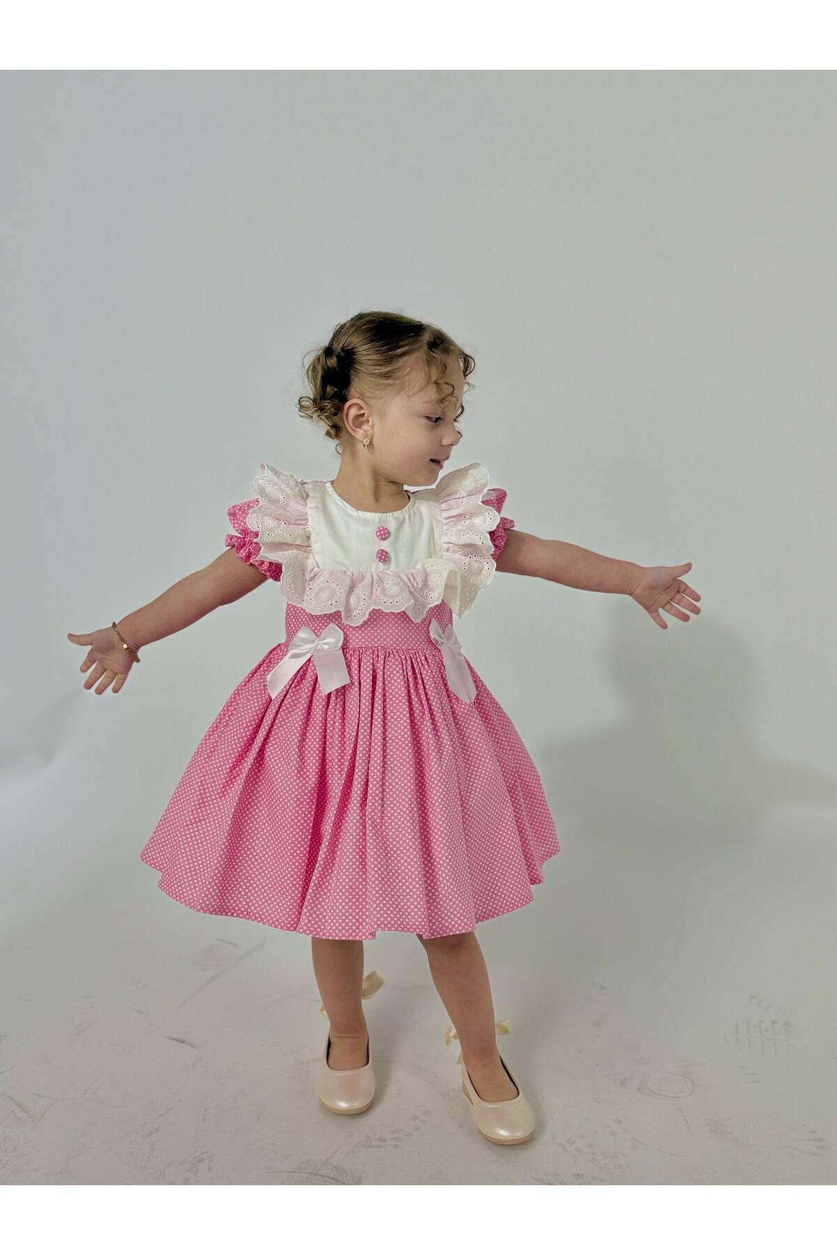 Defne Pembe Düğmeli Vintage Kız Bebek Elbise 4