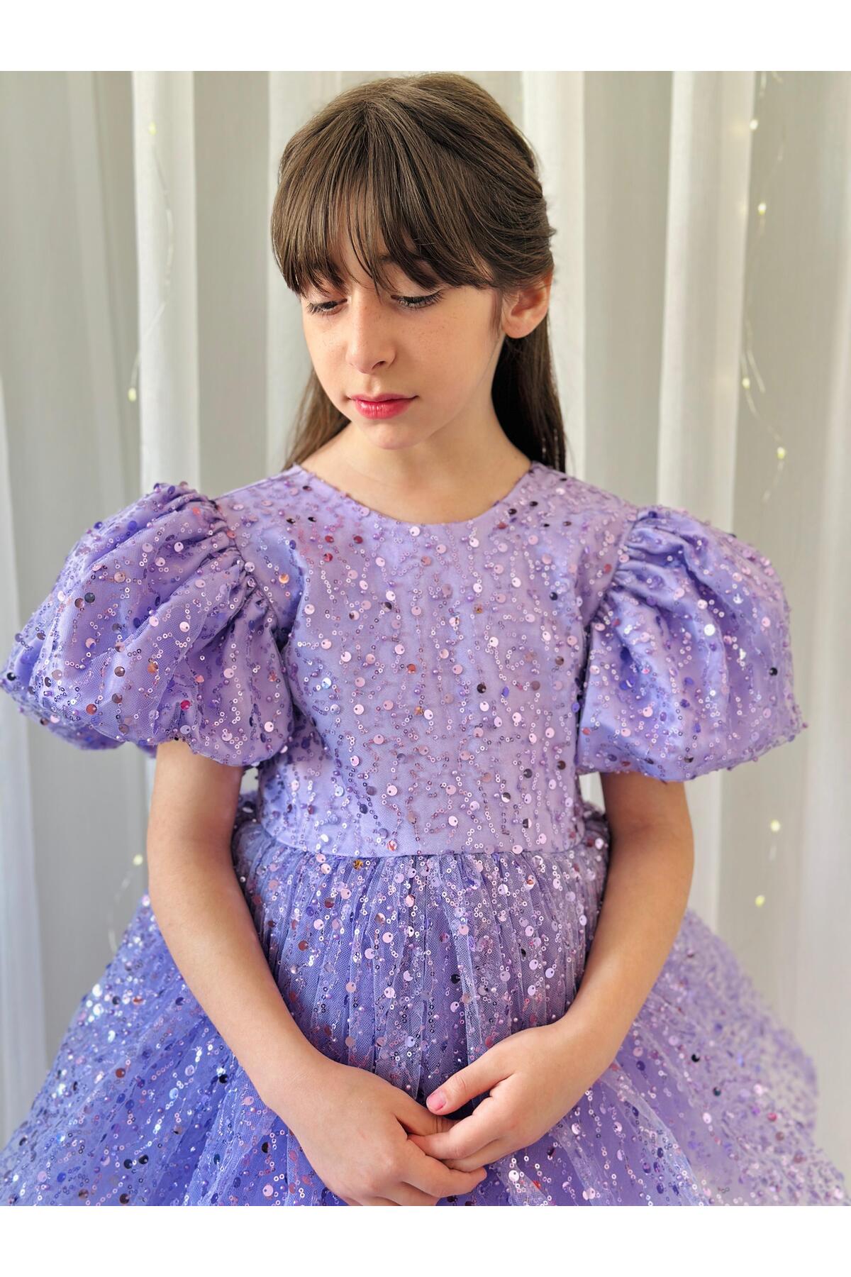 Lila Taşlı Vintage Kız Bebek Elbise 7
