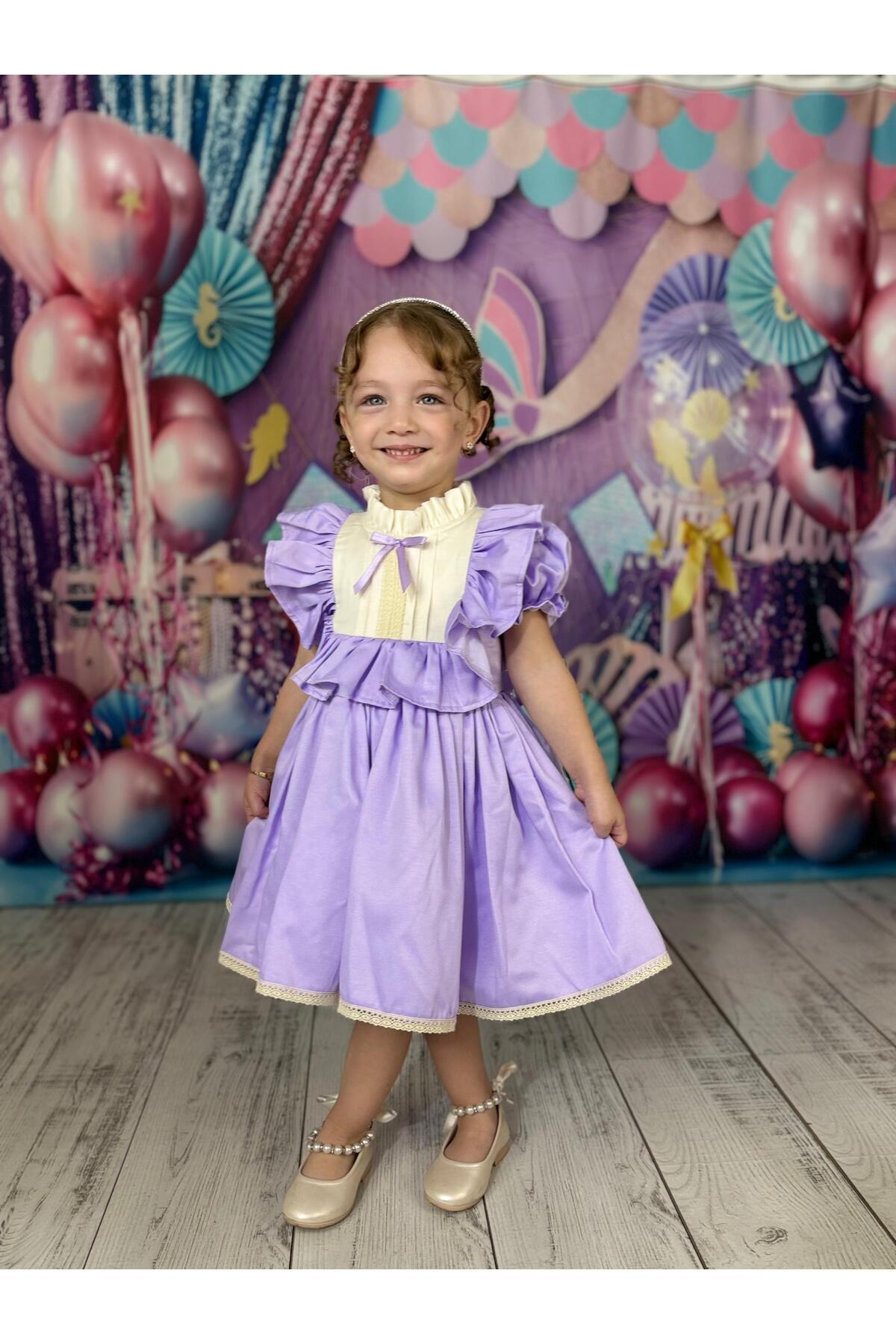 Defne Lila Fiyonklu Vintage Kız Bebek Elbise