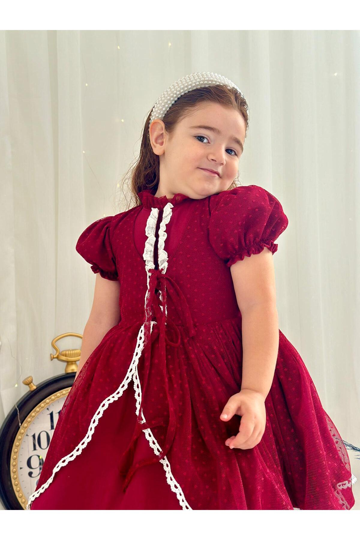 Hly Karol Bordo Vintage Kız Bebek Elbisesi 8