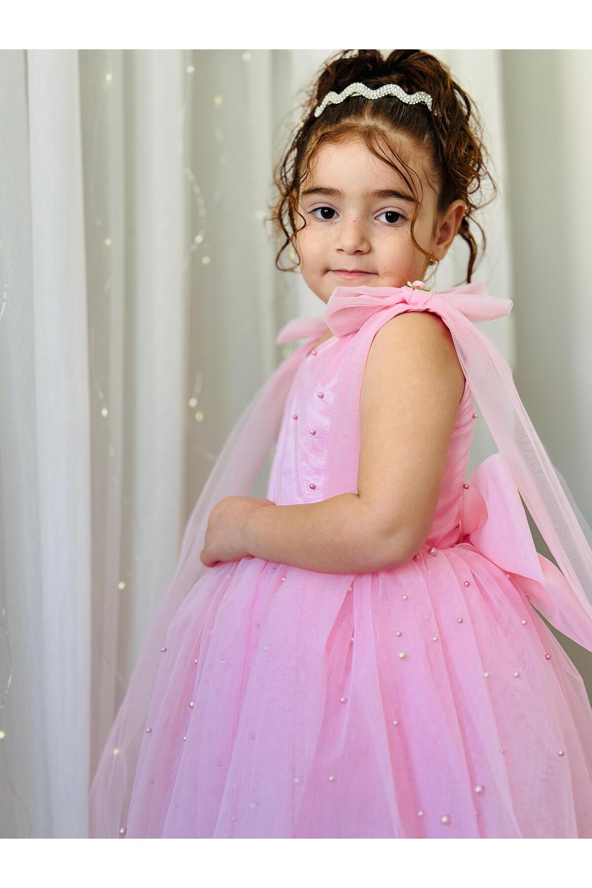 Pembe İncili Uzun Elbise Vintage Kız Bebek Elbise 5