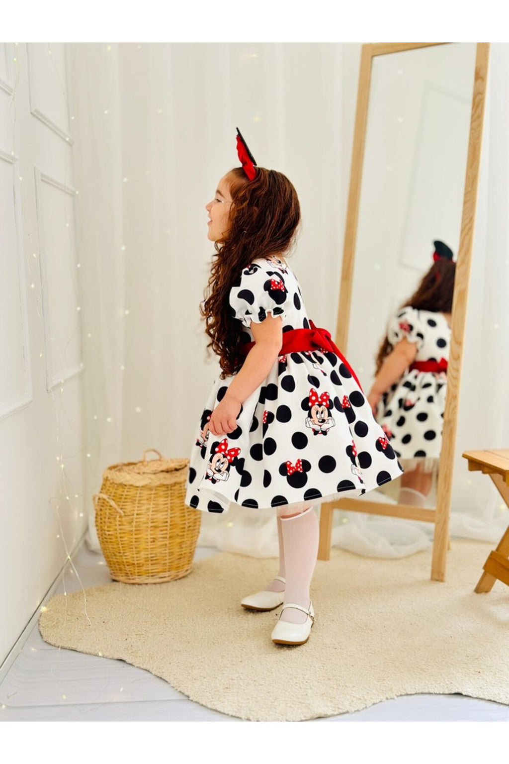 Beyaz Mickey Mouse Vintage Kız Bebek Elbisesi 4