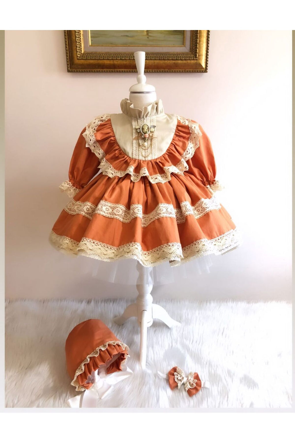 Kiremit Vintage Takım Kız Bebek Elbisesi 2
