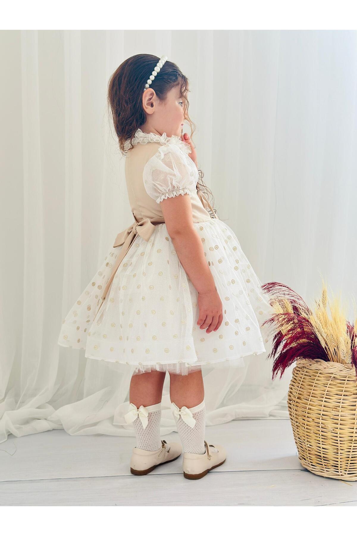 Puantiyeli Krem Vintage Kız Bebek Elbisesi 4