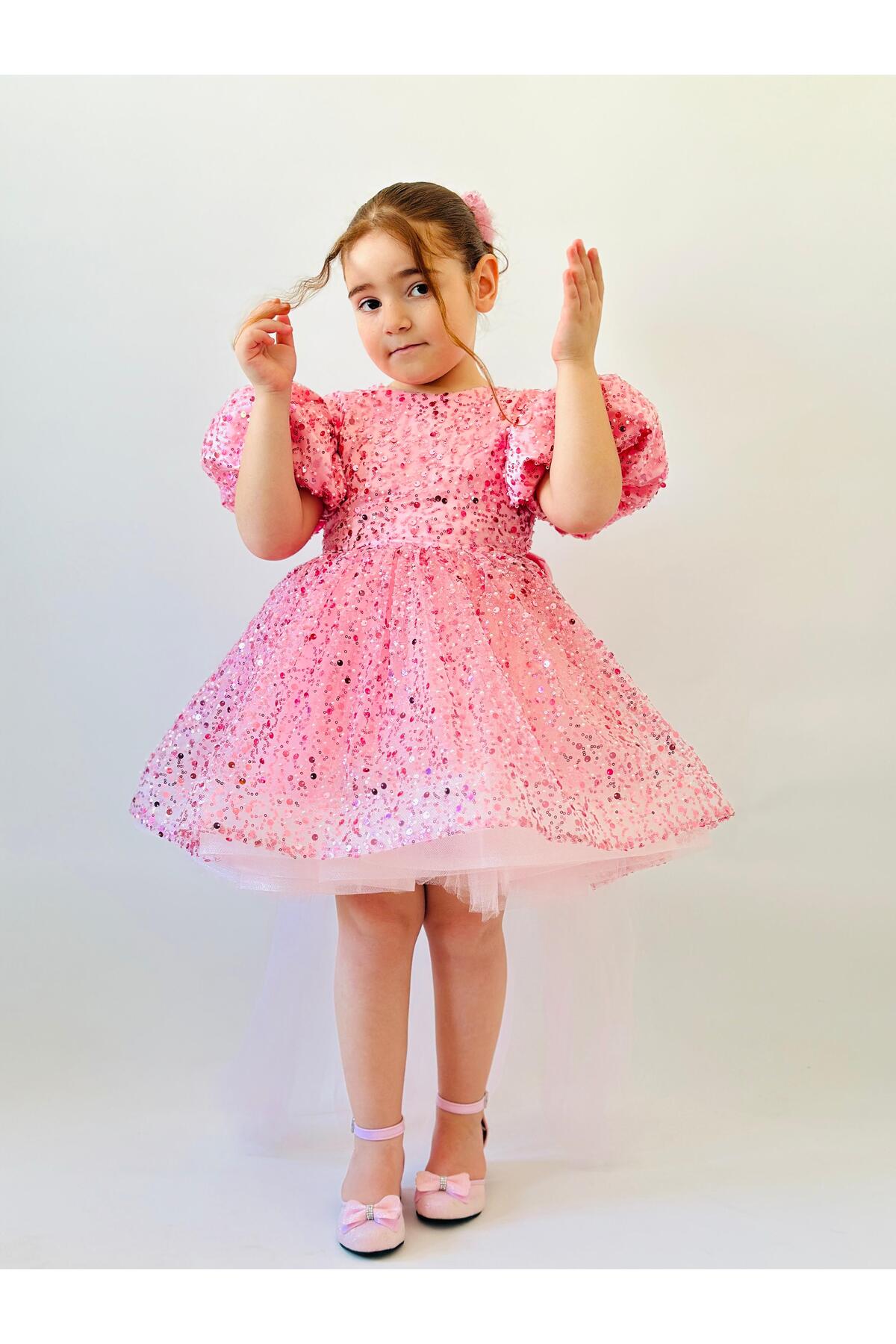 Pembe Taşlı Vintage Kız Bebek Elbise 6