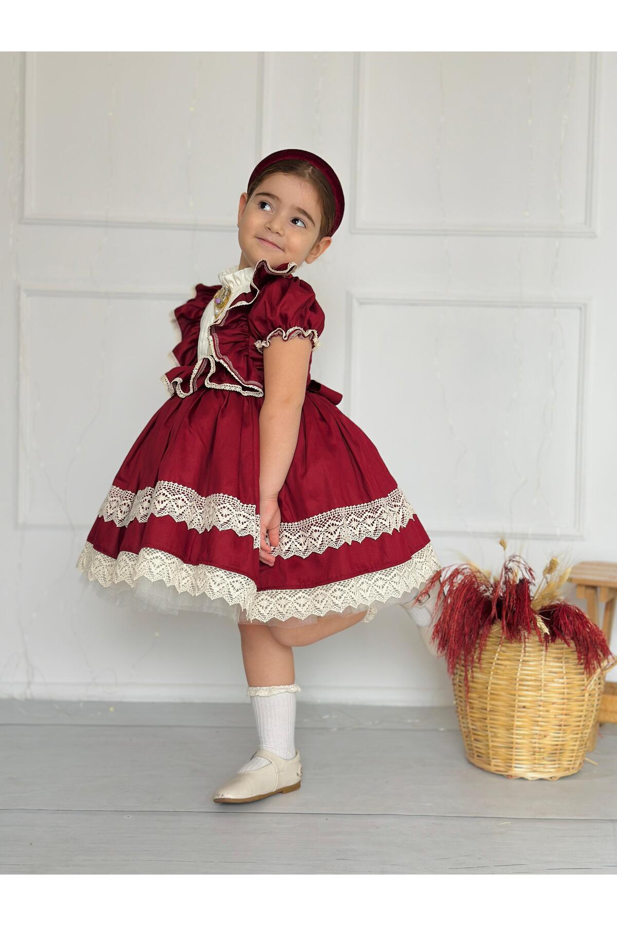 Zebrina Bordo Vintage Kız Bebek Elbise 4