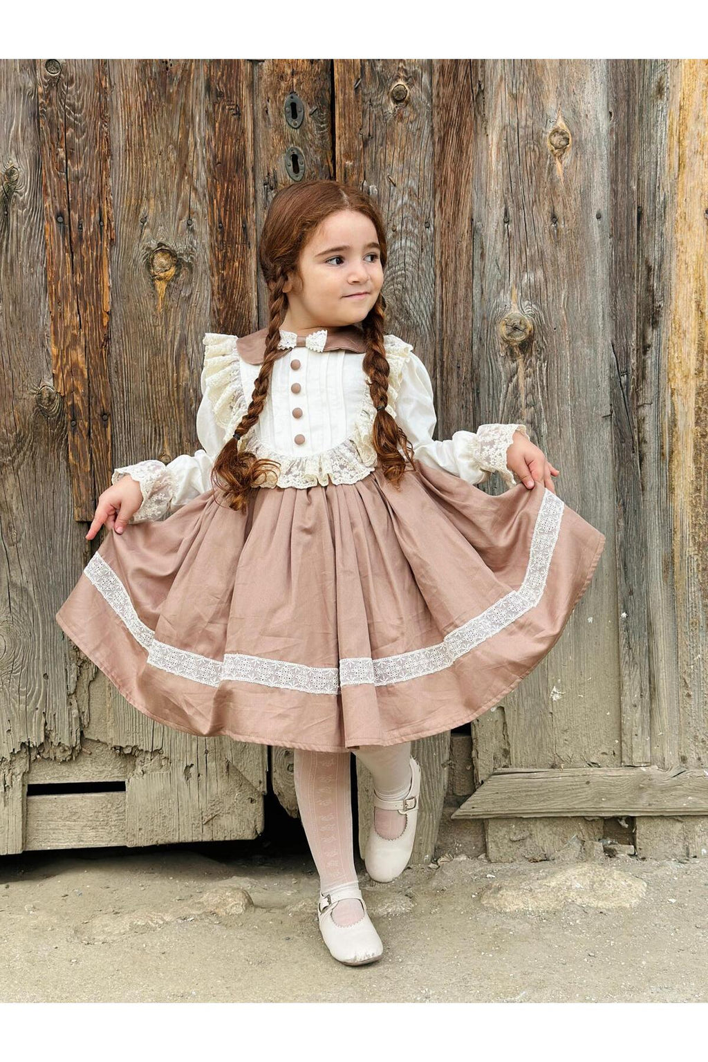 Şapkalı Retro Krem Vintage Kız Bebek Elbise 4