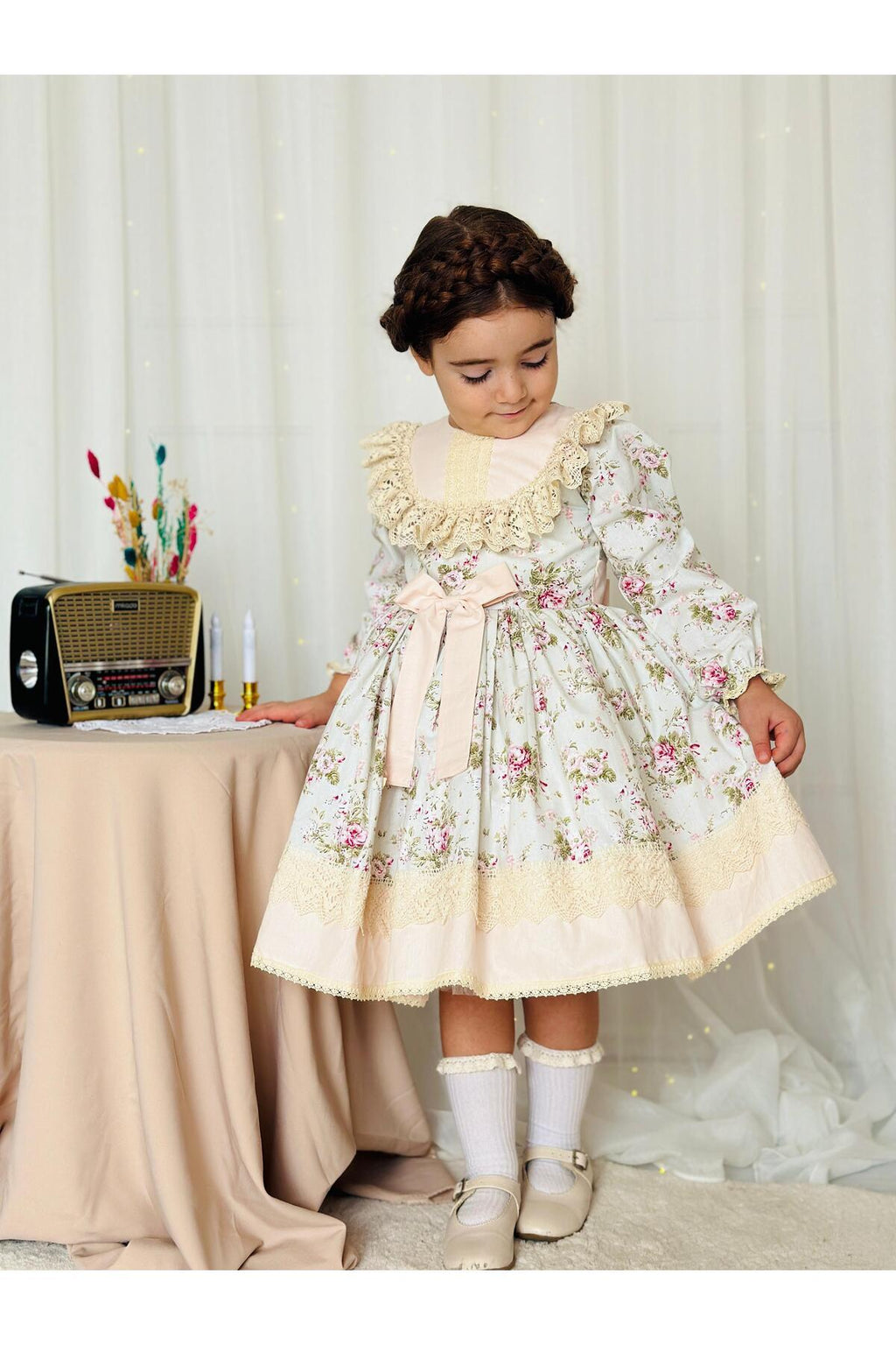 Mint Yeşili Uzun Kollu Vintage Bebek Elbise 2