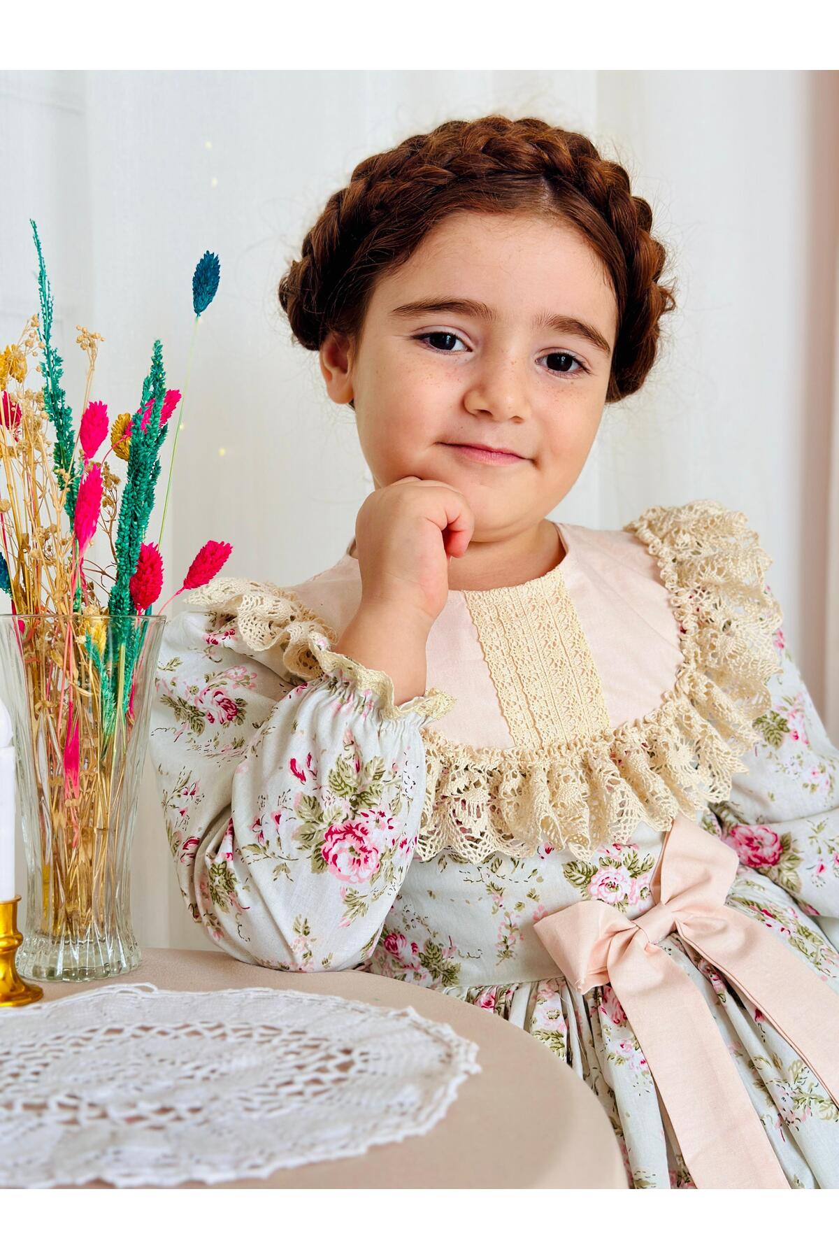 Mint Yeşili Uzun Kollu Vintage Bebek Elbise 7