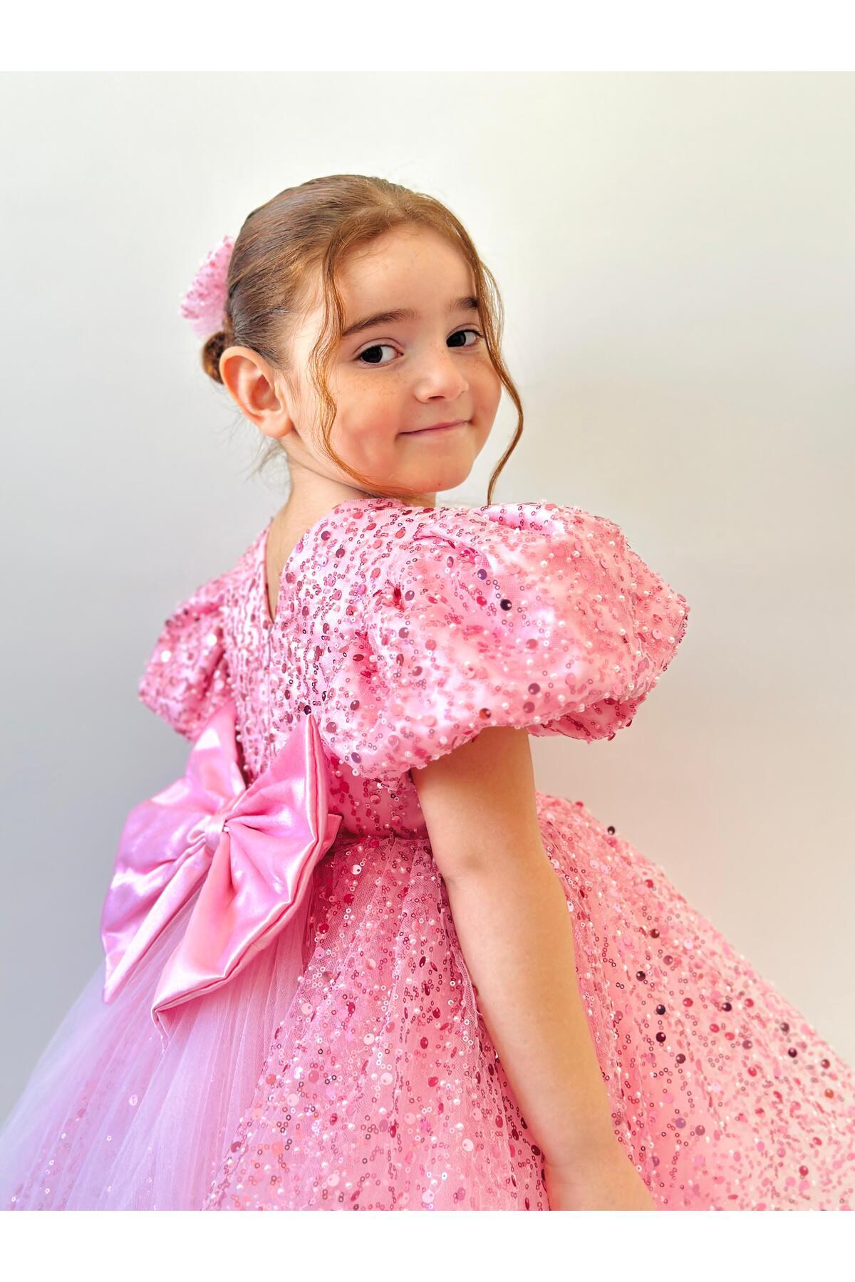 Pembe Taşlı Vintage Kız Bebek Elbise