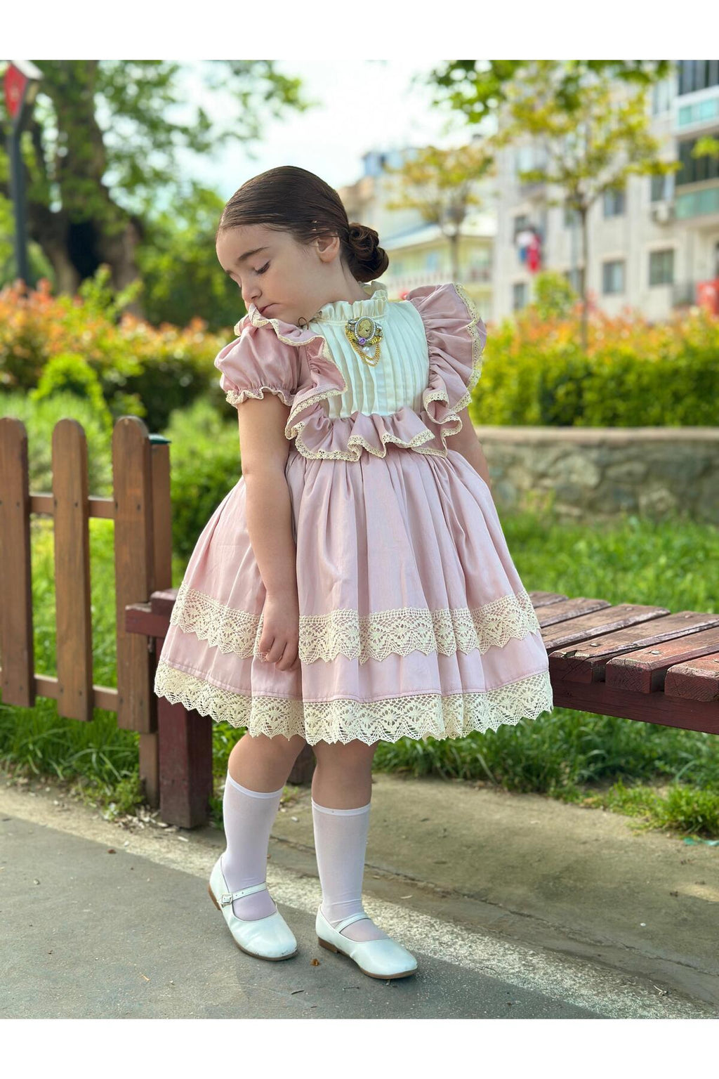 Masal Pudra Pembe Vintage Kız Bebek Elbise 5