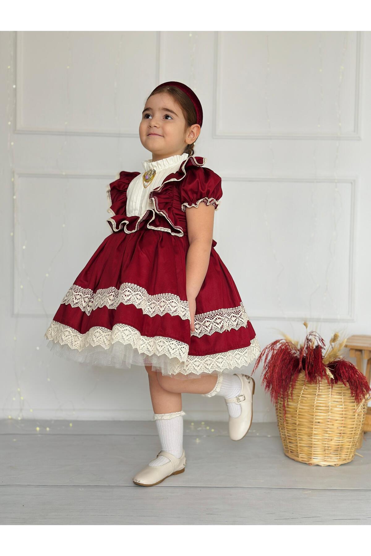 Bordo Broşlu Vintage Kız Bebek Elbisesi 5