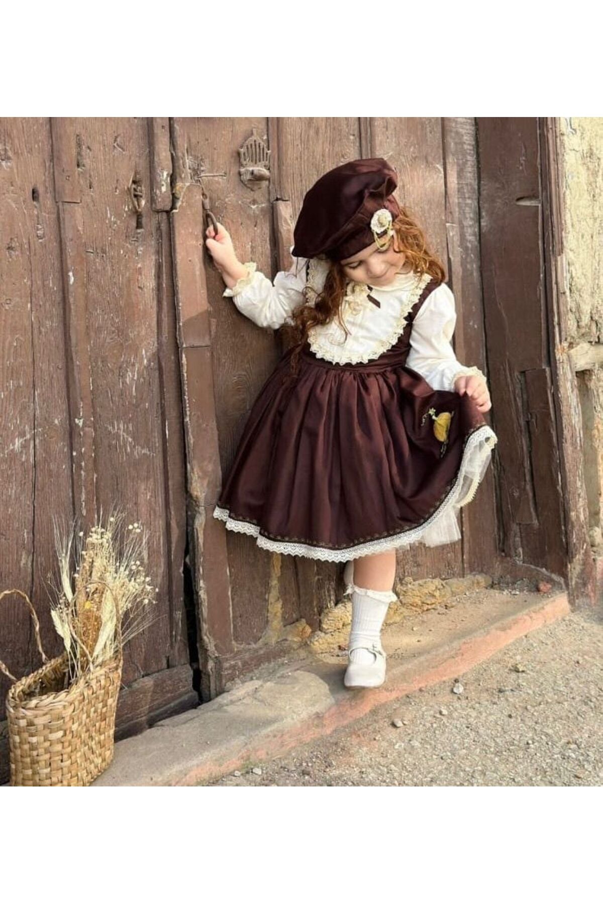 Balkabağı Kahverengi Vintage Kız Bebek Elbisesi 2