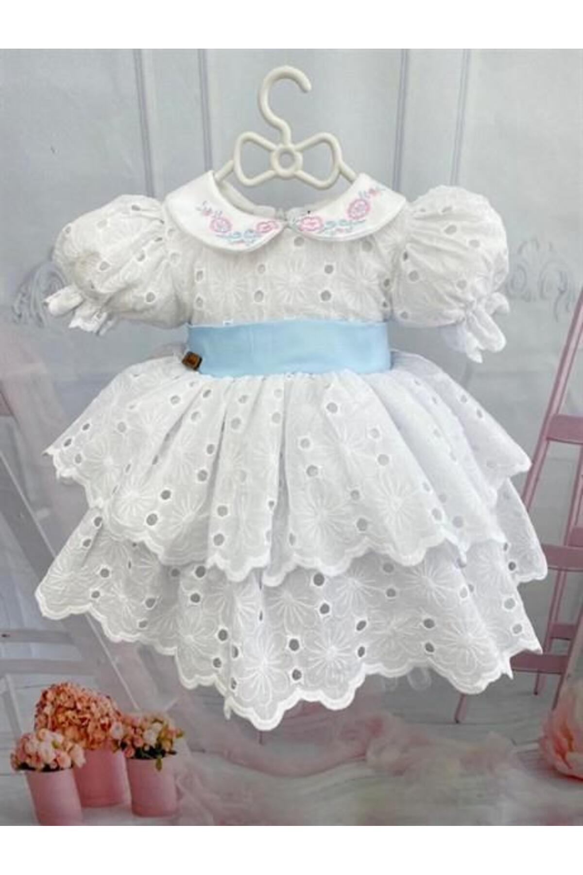 Beyaz Mavi Kemerli Vintage Elbise 3