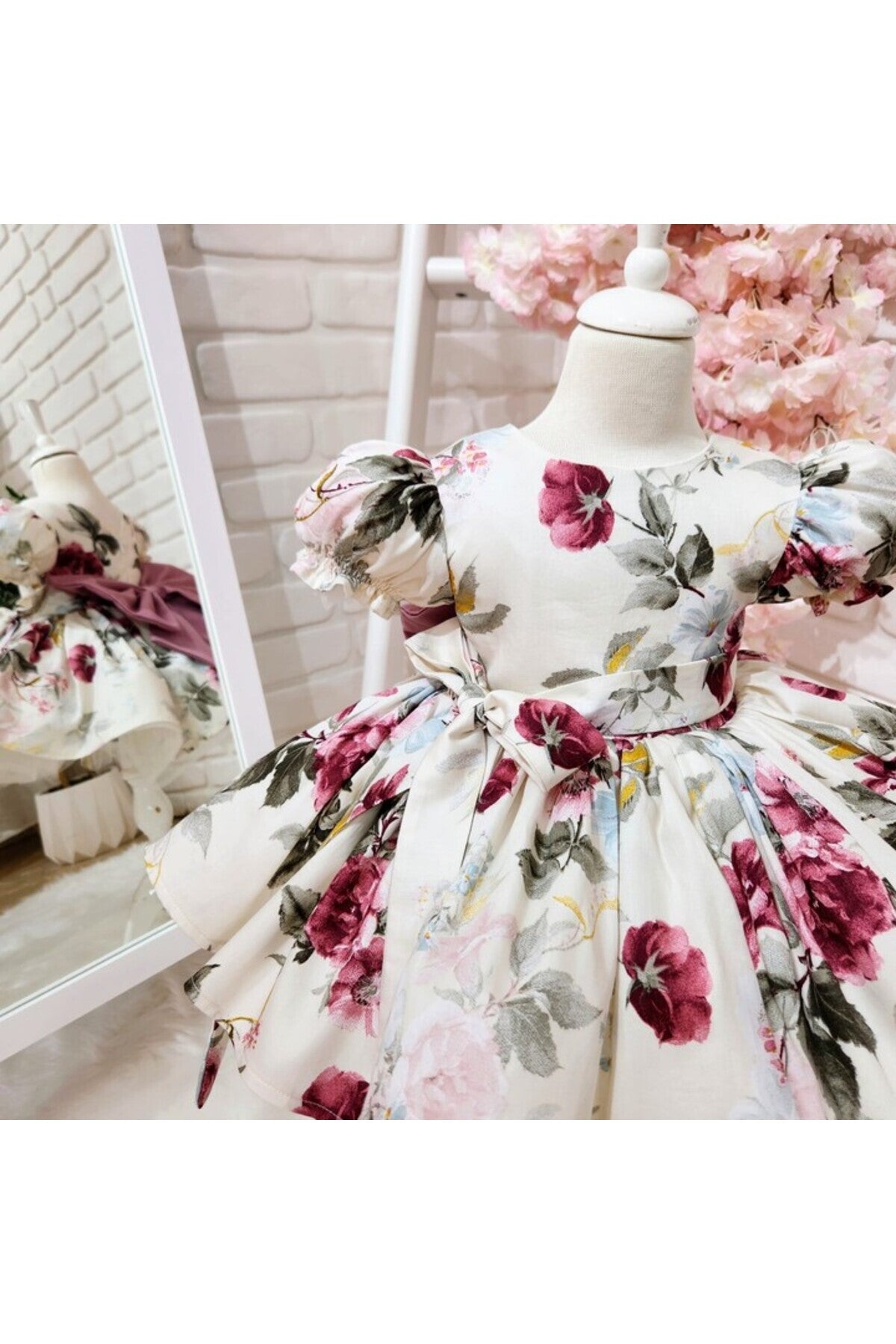 Krem Bordo Vintage Kız Bebek Elbisesi 2