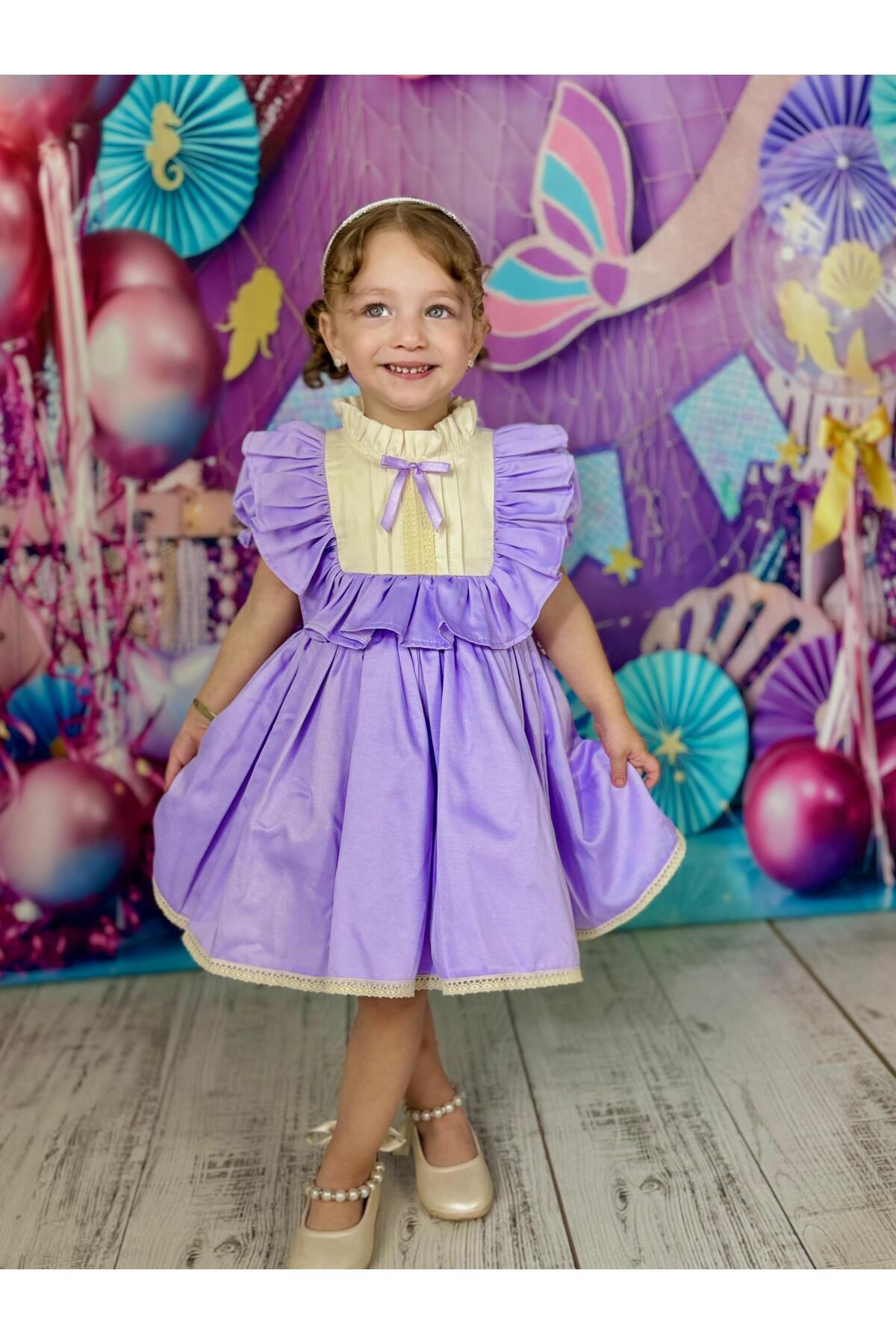 Defne Lila Fiyonklu Vintage Kız Bebek Elbise 7