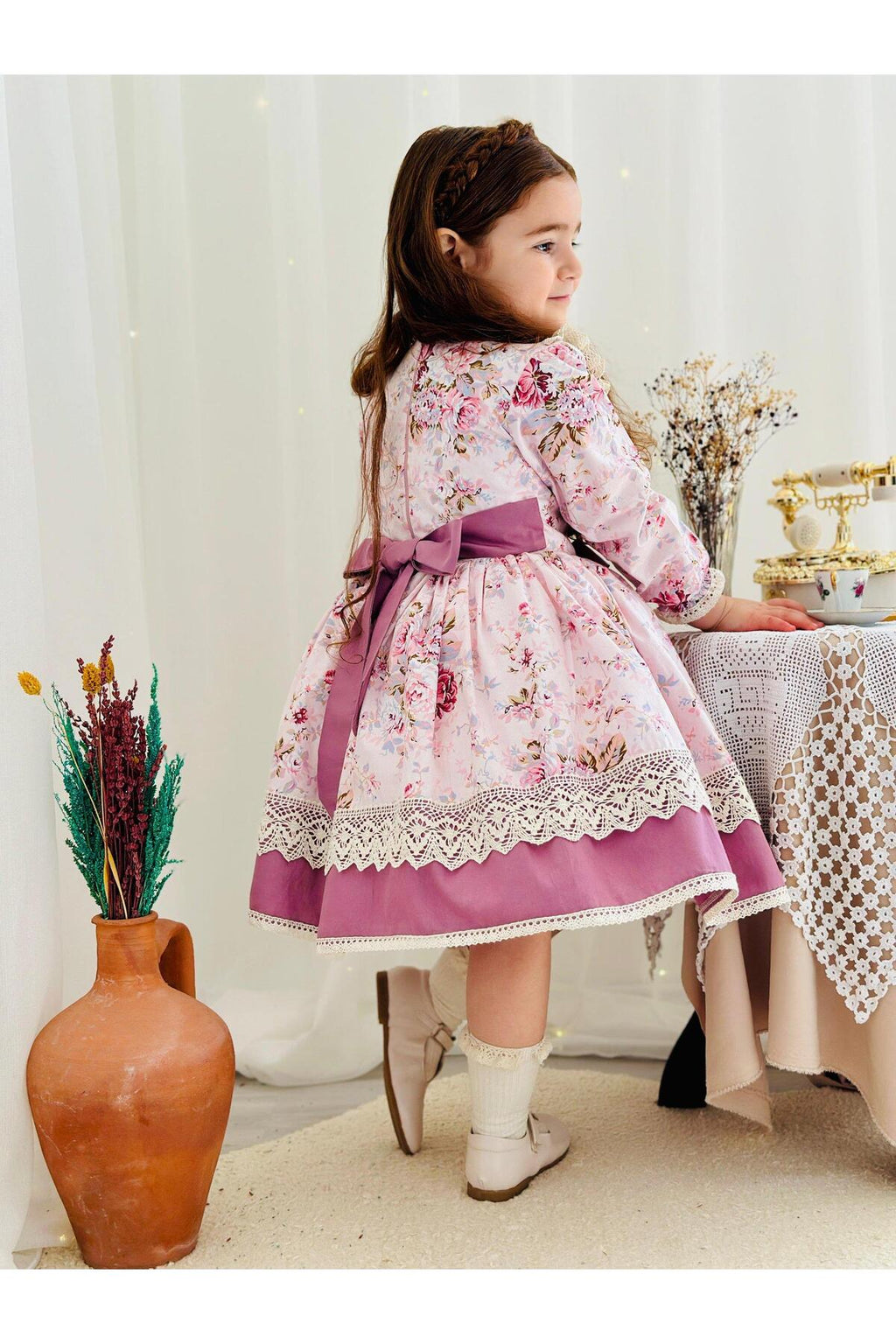 Pembe Royal Vintage Kız Bebek Elbise 4