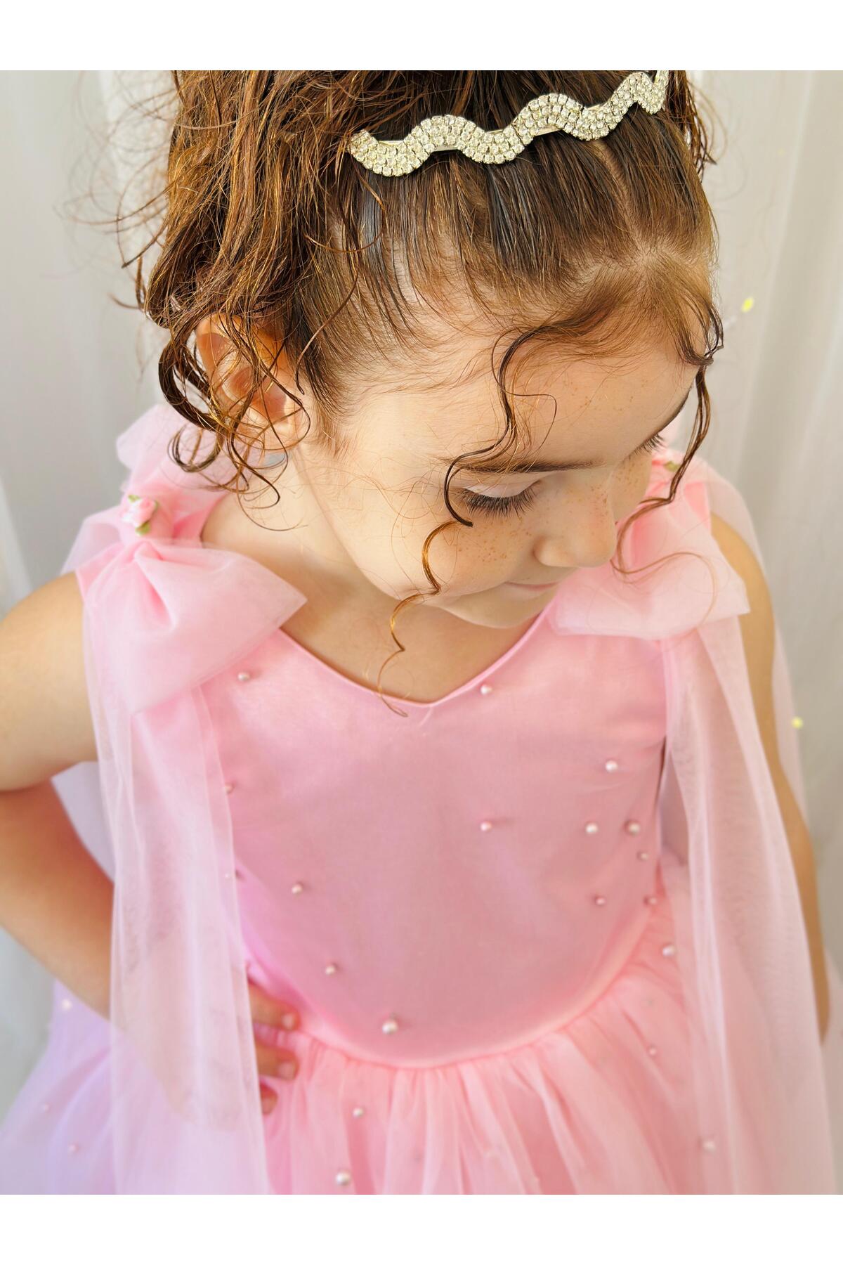 Pembe İncili Uzun Elbise Vintage Kız Bebek Elbise 3