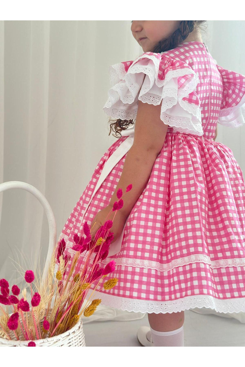 Pembe Kareli Vintage Kız Bebek Elbisesi 6