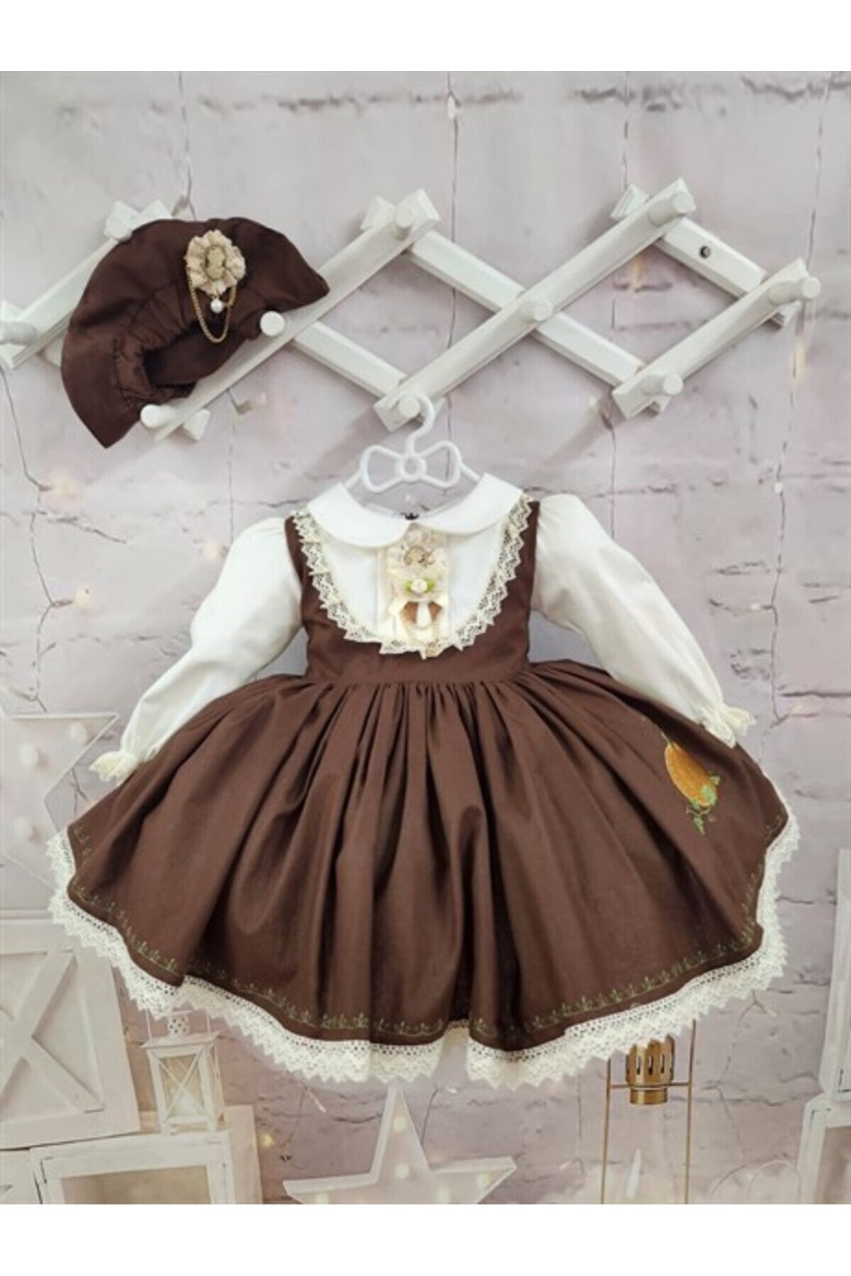Balkabağı Kahverengi Vintage Kız Bebek Elbisesi 3